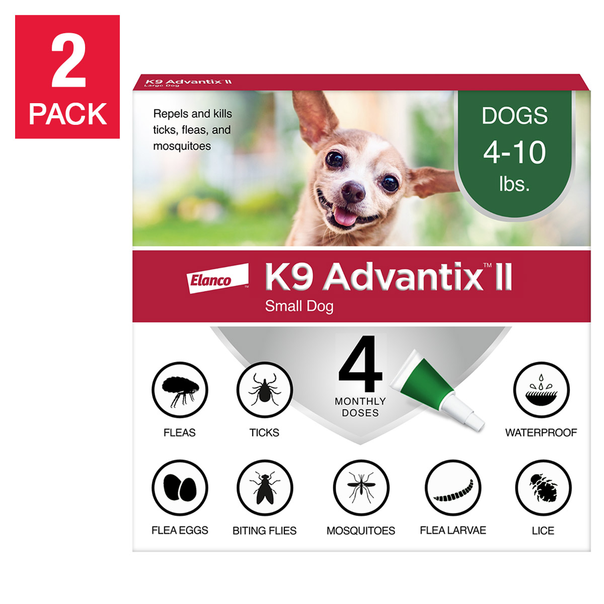 K9 Advantix II Flea and Tick Topical Treatment for Dogs 4-10 lbs  4-doses  2-count