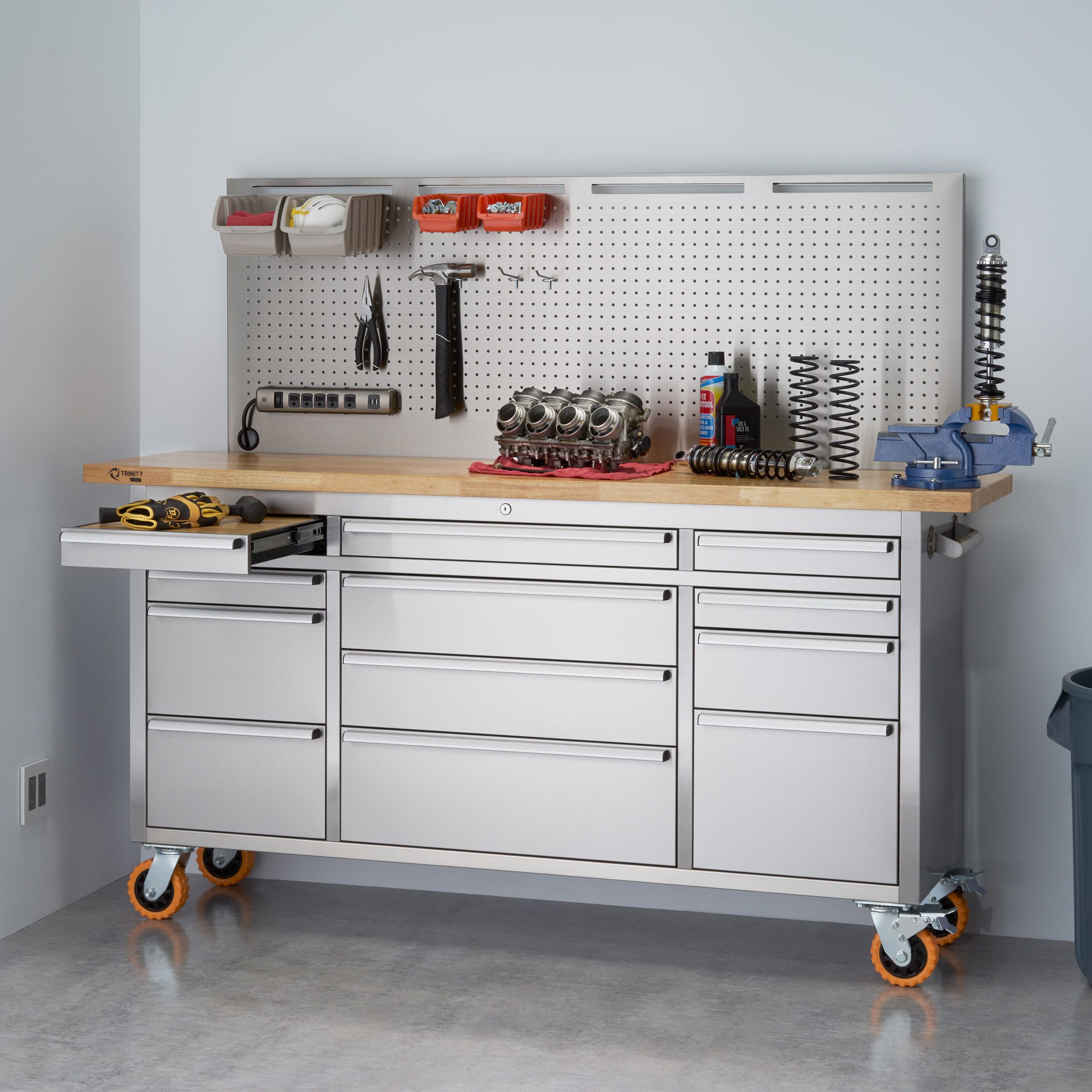 Trinity 72 in. Stainless-steel Rolling Workbench with Pegboard