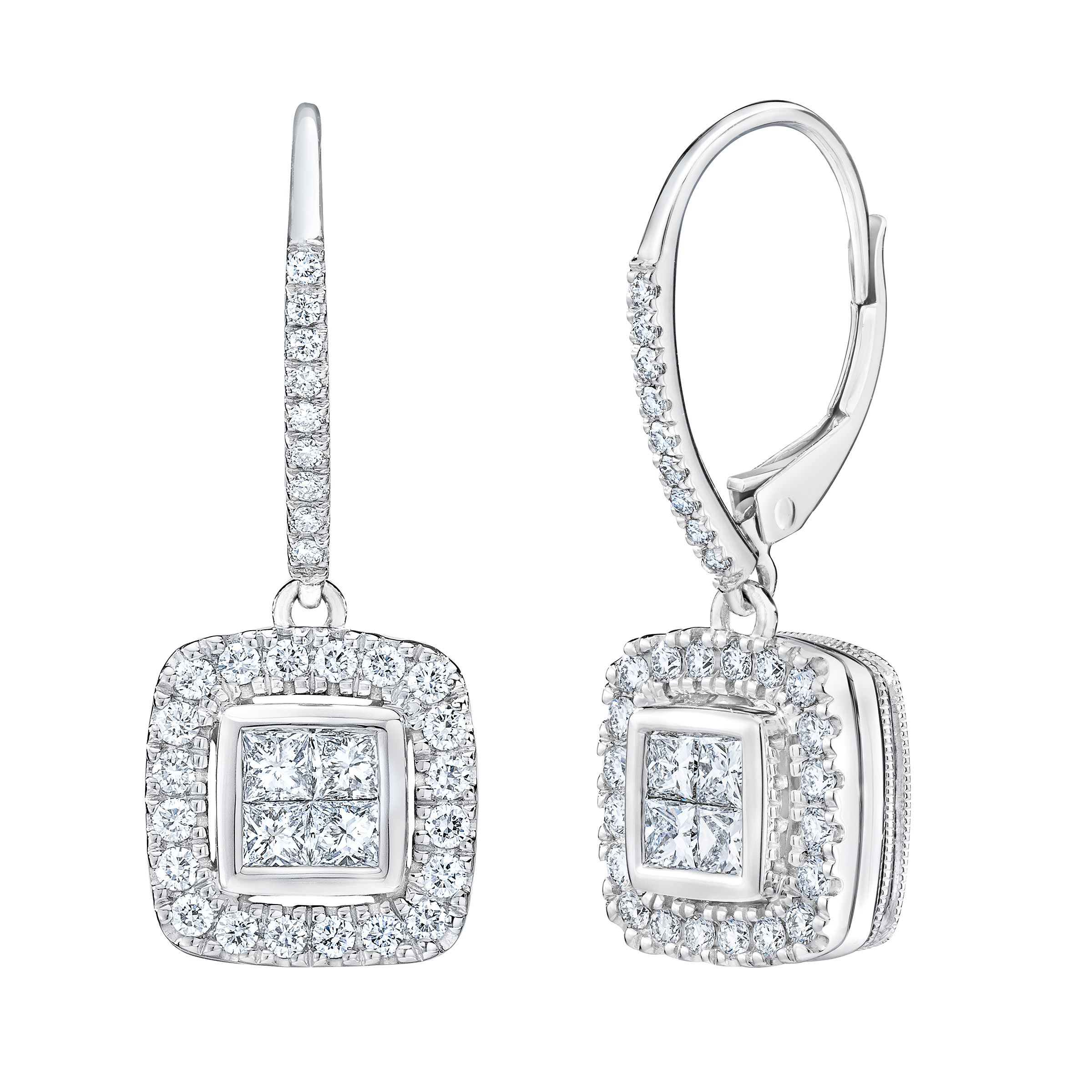 Princess Cut and Round Brilliant Diamond Drop Earrings (0.98 ctw)
