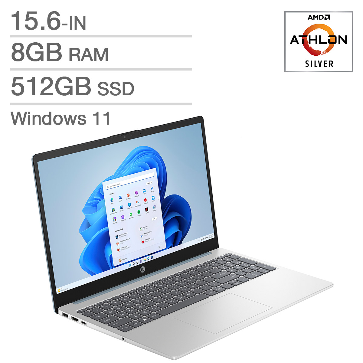 HP 15.6-in Laptop, AMD Athlon Silver 7120U - 8 GB RAM, 512GB SSD