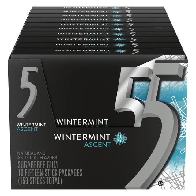 5 Gum Sugar Free Chewing Gum, Wintermint Ascent, 15 Sticks, 10-Count