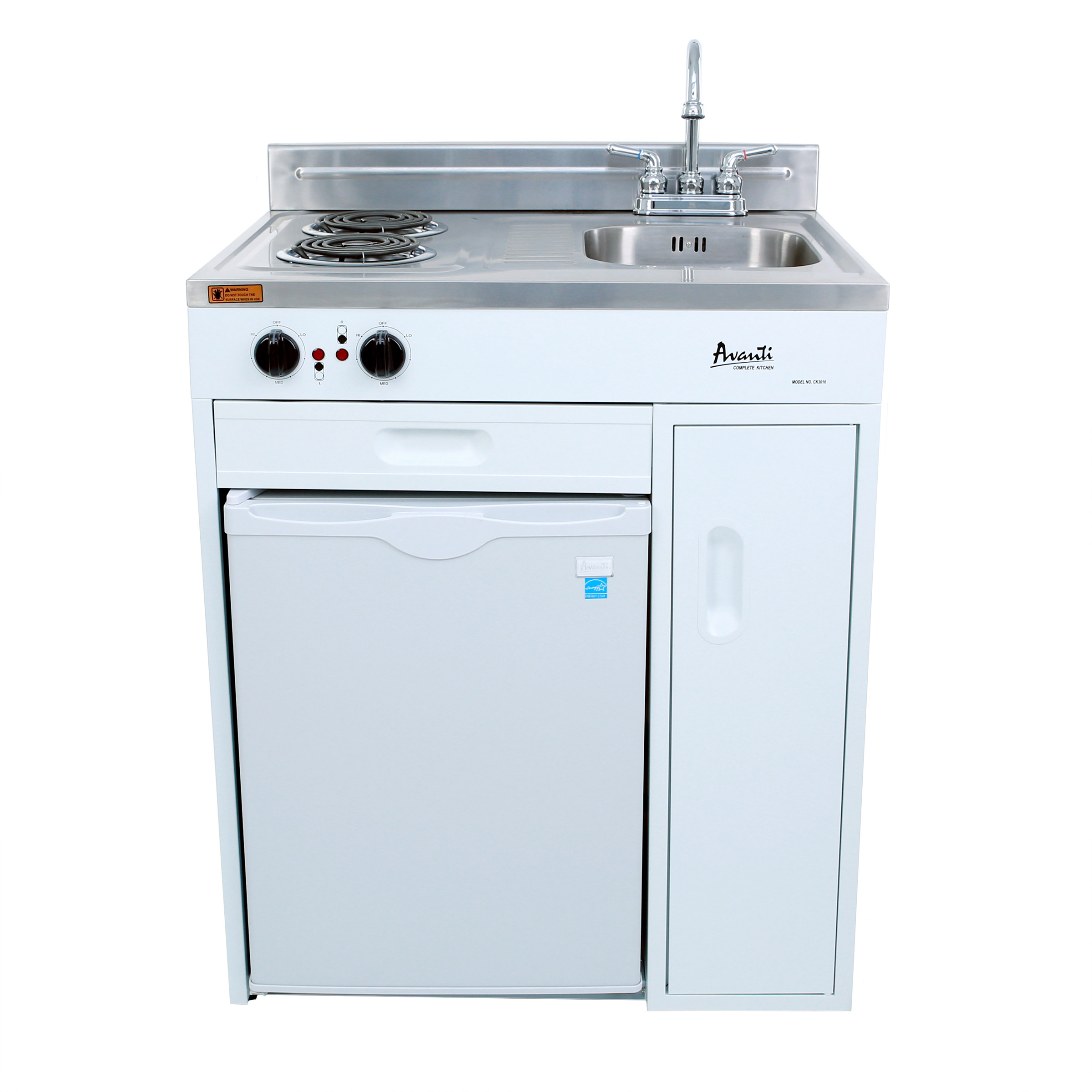 Avanti 30 in. White Compact Miniature Kitchen with 2.2 cu. ft. Refrigerator, 2 Heating Elements Stainless Steel Countertop and Sink