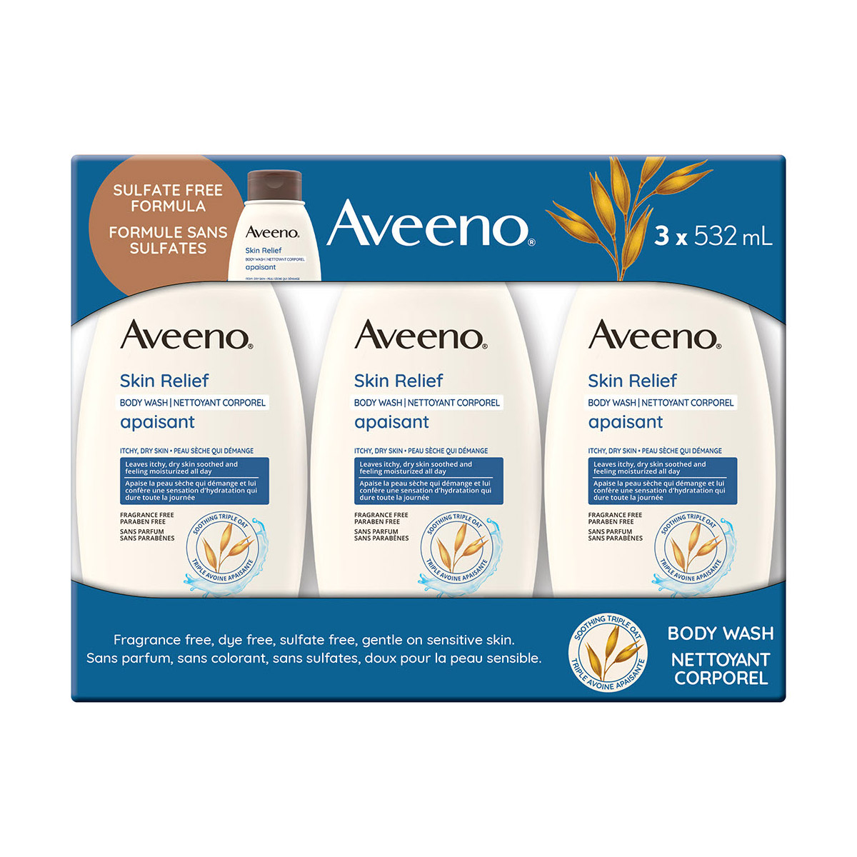 Aveeno Skin Relief Body Wash, Fragrance Free, 3 x 532 mL