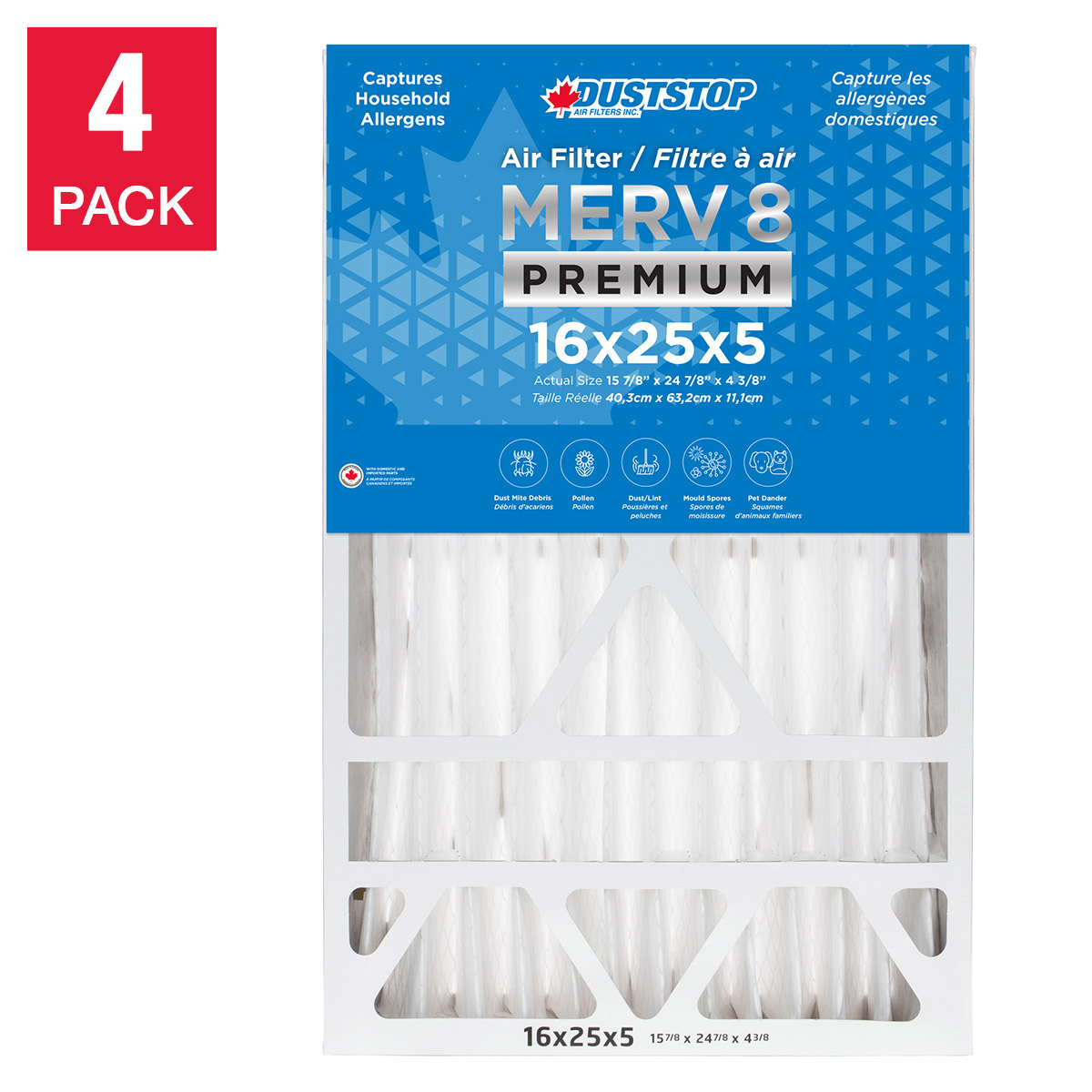 Duststop 16x25x5 MERV 8 Premium Pleated Furnace Filter, 4-pack