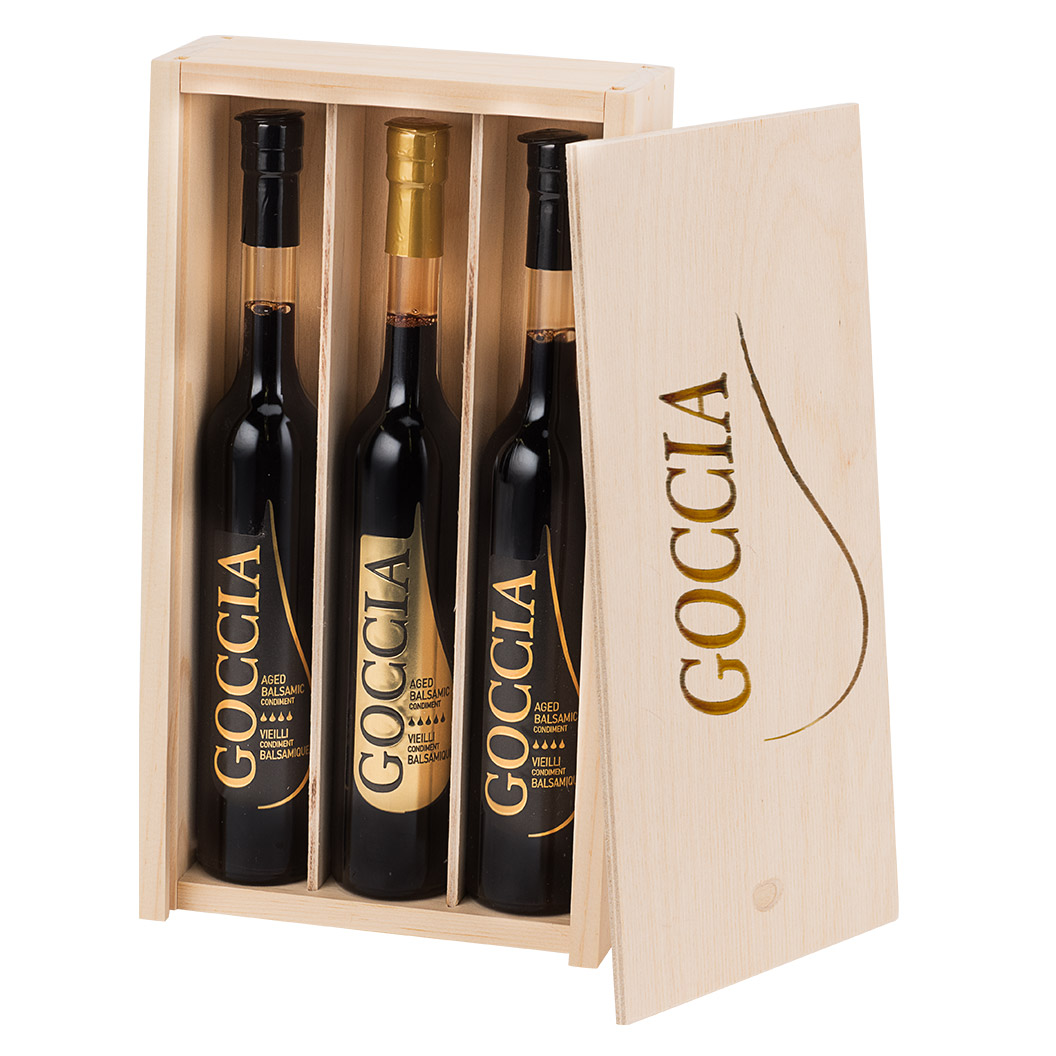 Goccia Aged Balsamic Vinegar Trio in a Wooden Box, 3 x 100 mL