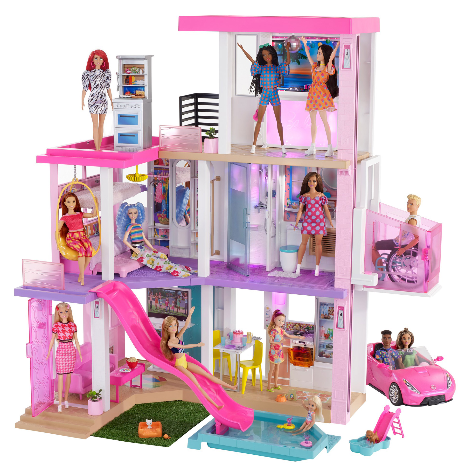 Barbie Dreamhouse Dollhouse With Pool, Slide, Elevator, Lights & Sounds + 2 Barbie Dolls