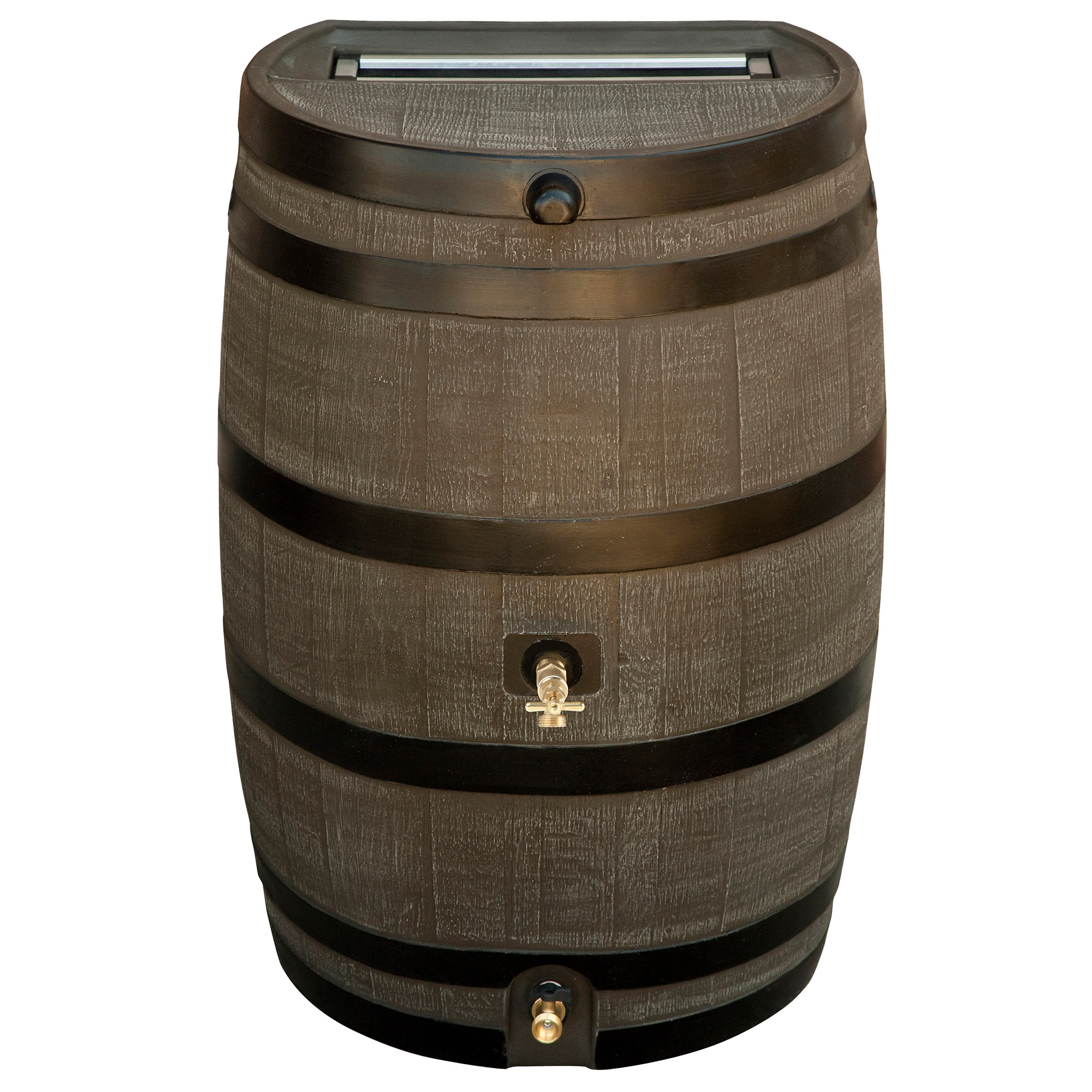 RTS Home Accents 50 Gallon Dual Brass Spigot Rain Barrel, Woodgrain with Black Stripes Color