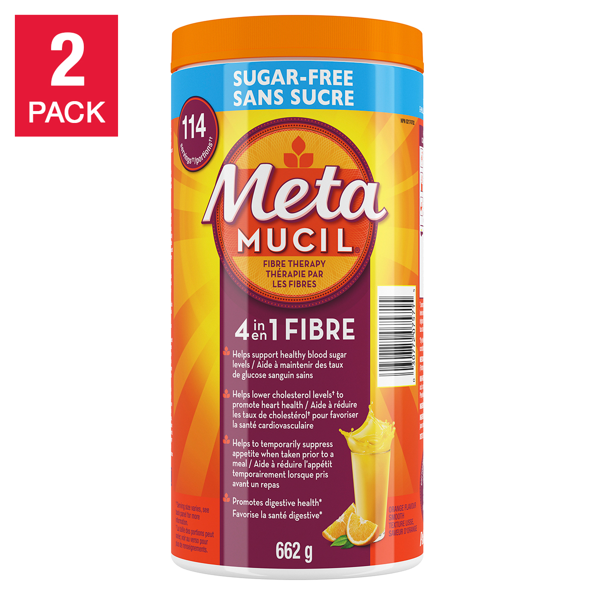 Metamucil 4 in 1 MultiHealth Fibre Supplement Powder Sugar-Free, Orange, 2 x 114 doses