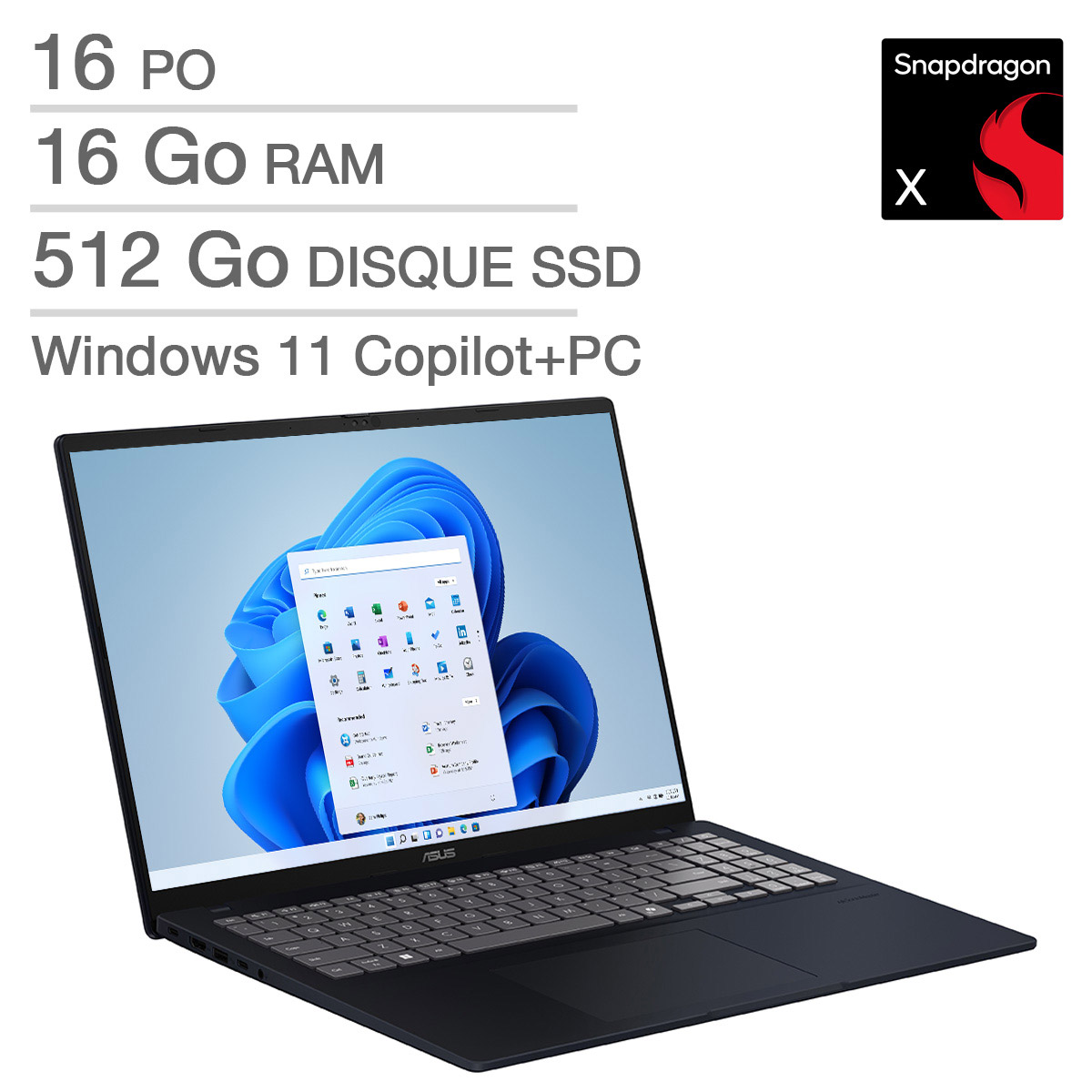ASUS Vivobook 16 – Ordinateur portable Copilot+ PC de 16 po, Qualcomm Snapdragon X X1-26-100 – 16 Go RAM, 512 Go SSD, Qualcomm Adreno