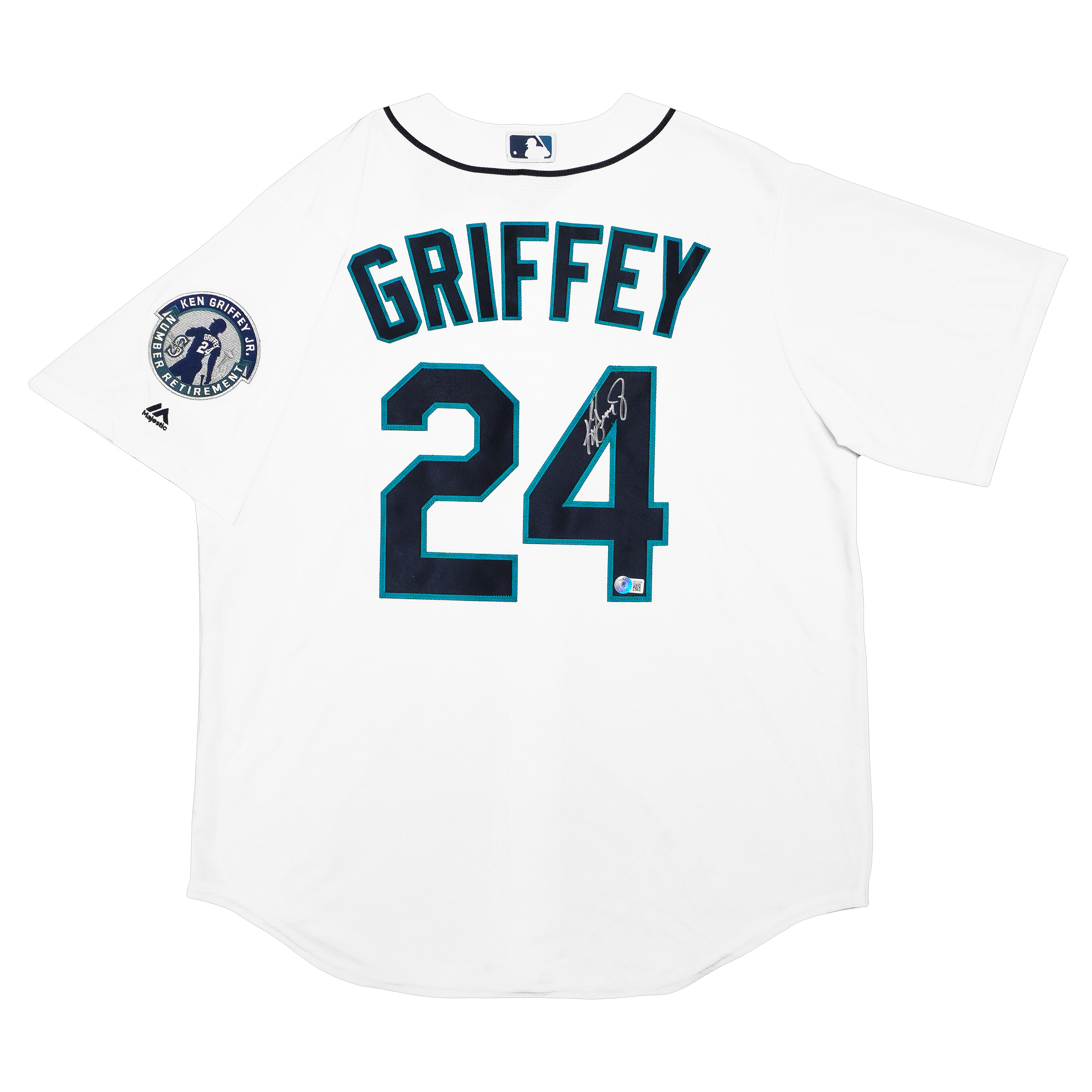 Ken Griffey Jr. Autographed Seattle Mariners White Majestic Cool Base Jersey with Retirement Patch - Beckett Authenticat
