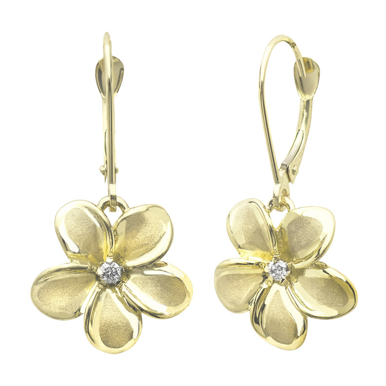 Honolulu Jewelry 14kt Gold Plumeria Leverback Diamond Earrings