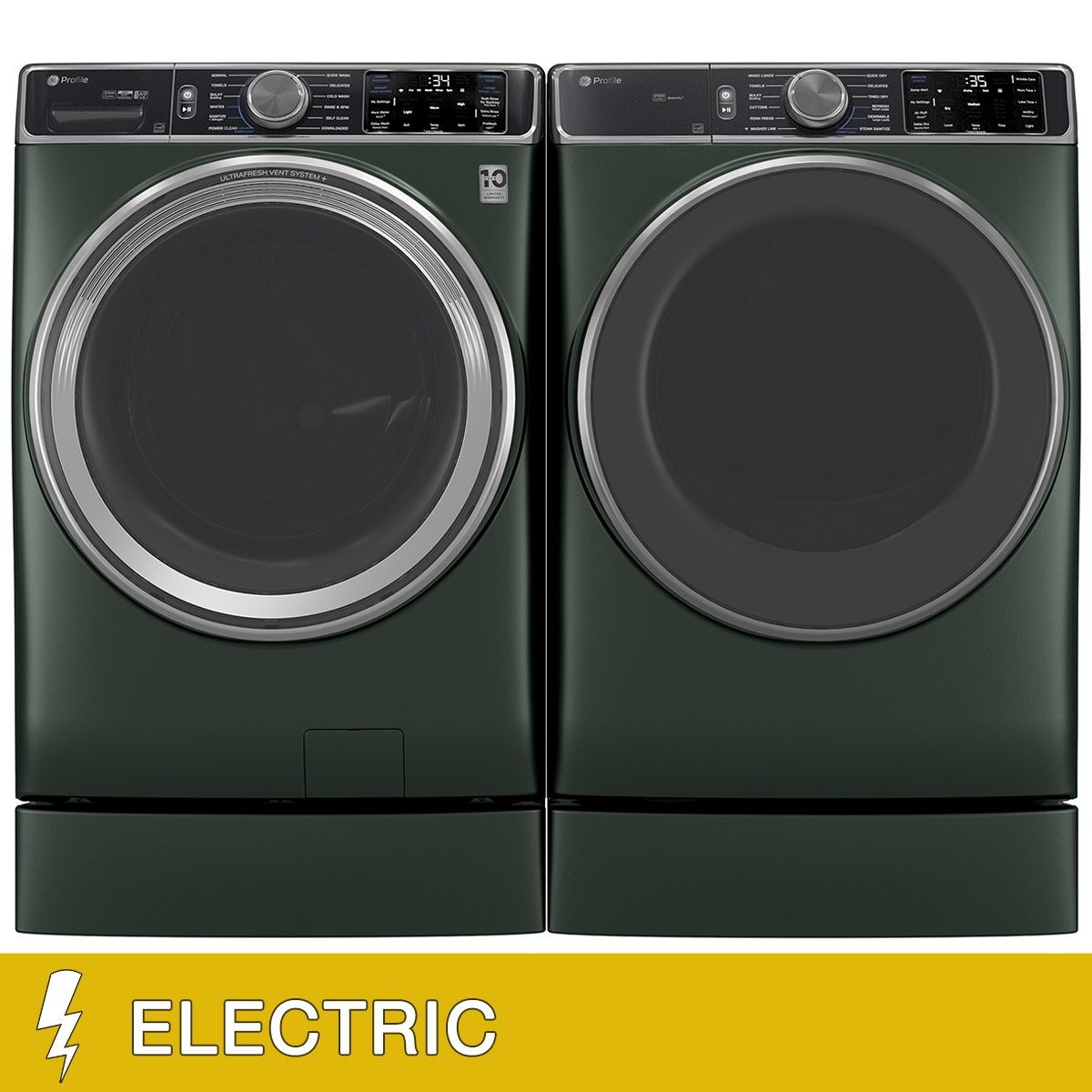 GE Profile 5.5 cu. ft. Smart Front Load Washer with UltraFresh Vent System+ and 7.8 cu. ft. Smart ELECTRIC Front Load Dryer with Steam and Sanitize Cycle with 7 inch Risers
