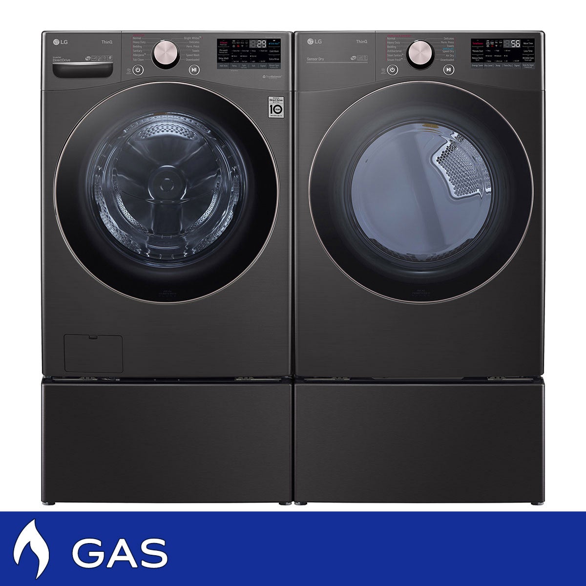 LG 4.5 cu. ft. Front Load Washer with TurboWash 360° and 7.4 cu. ft. GAS Dryer with TurboSteam and Built-In Intelligence with Storage Pedestals