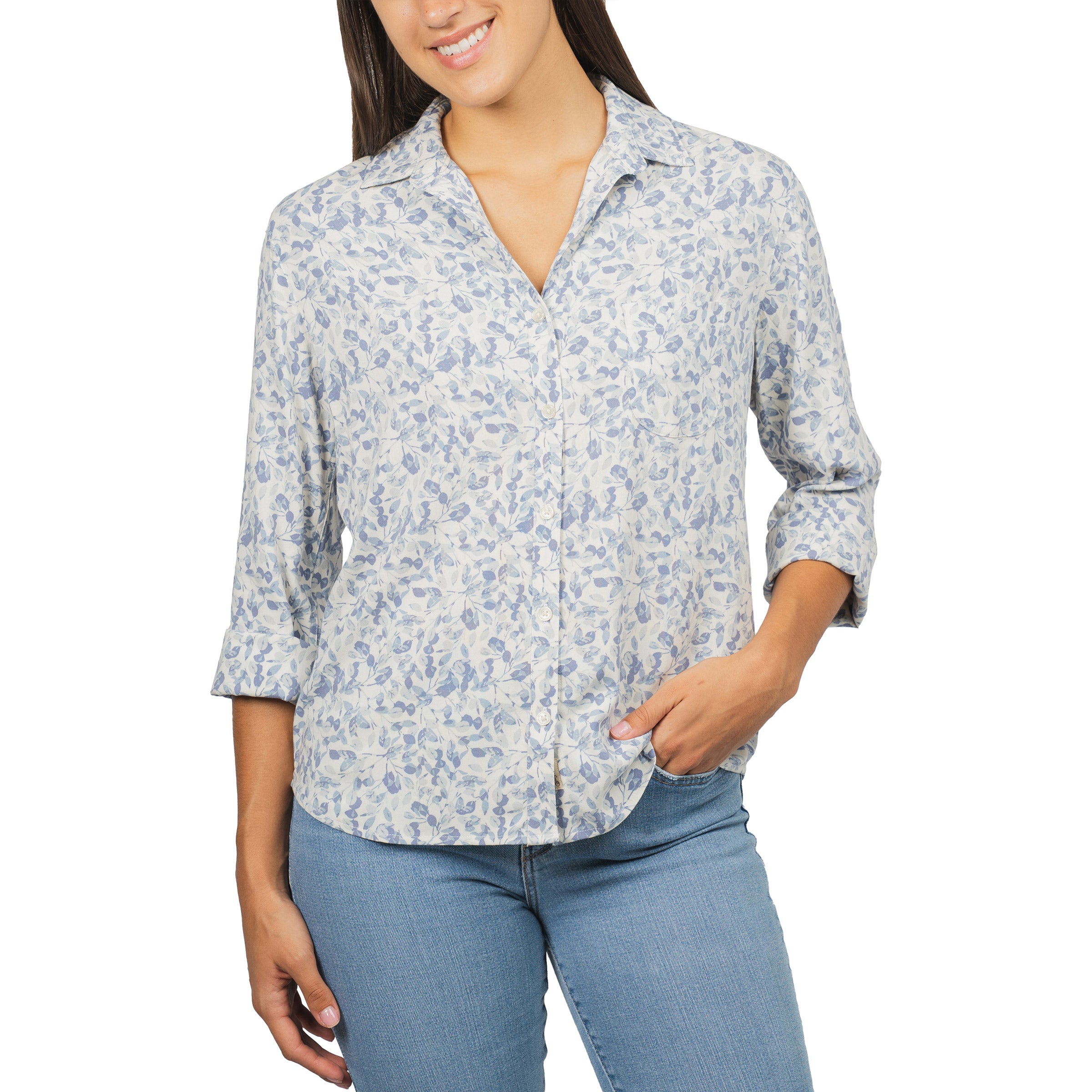 Jachs Girlfriend Women’s 3/4 Sleeve Button Up Shirt Chest Pocket Curved Hem