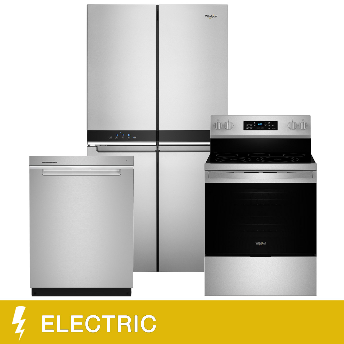 Whirlpool Kitchen Suite with Stainless Steel 36 in. 19.4 cu ft. Counter Depth 4 Door Refrigerator, 30 in. 5.3 cu ft. Electric Range and 24 in. Dishwasher