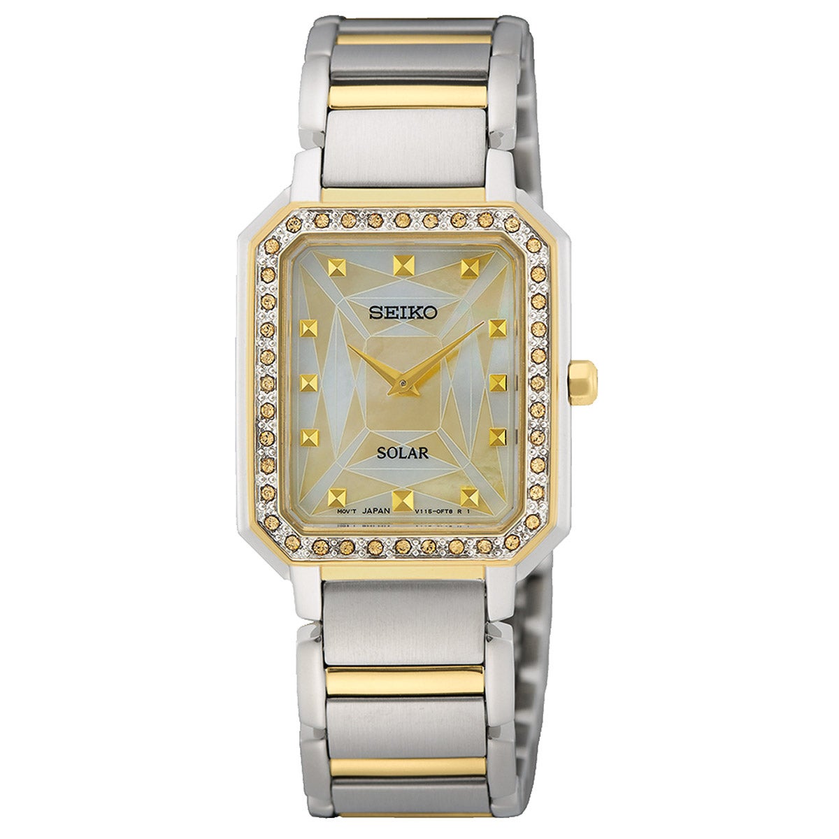 Seiko Solar Ladies watch. S S case and bracelet. Black face crystals at 12 & 6 Seiko Solar Swarovski Crystal Accent Mother of Pearl Dial  main image 3