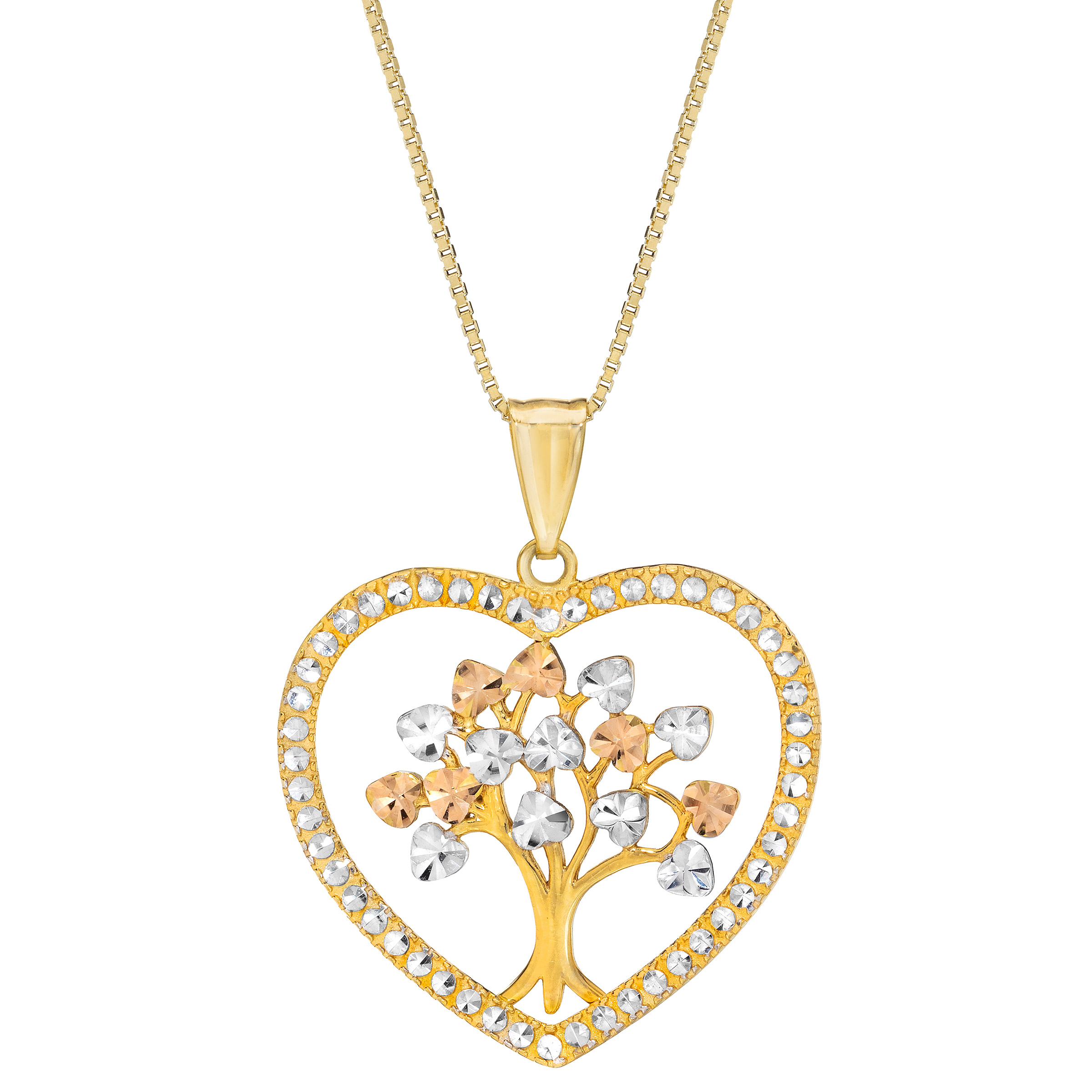 High Polish Diamond Cut Tree of Life in Heart Pendant in Three tone ...