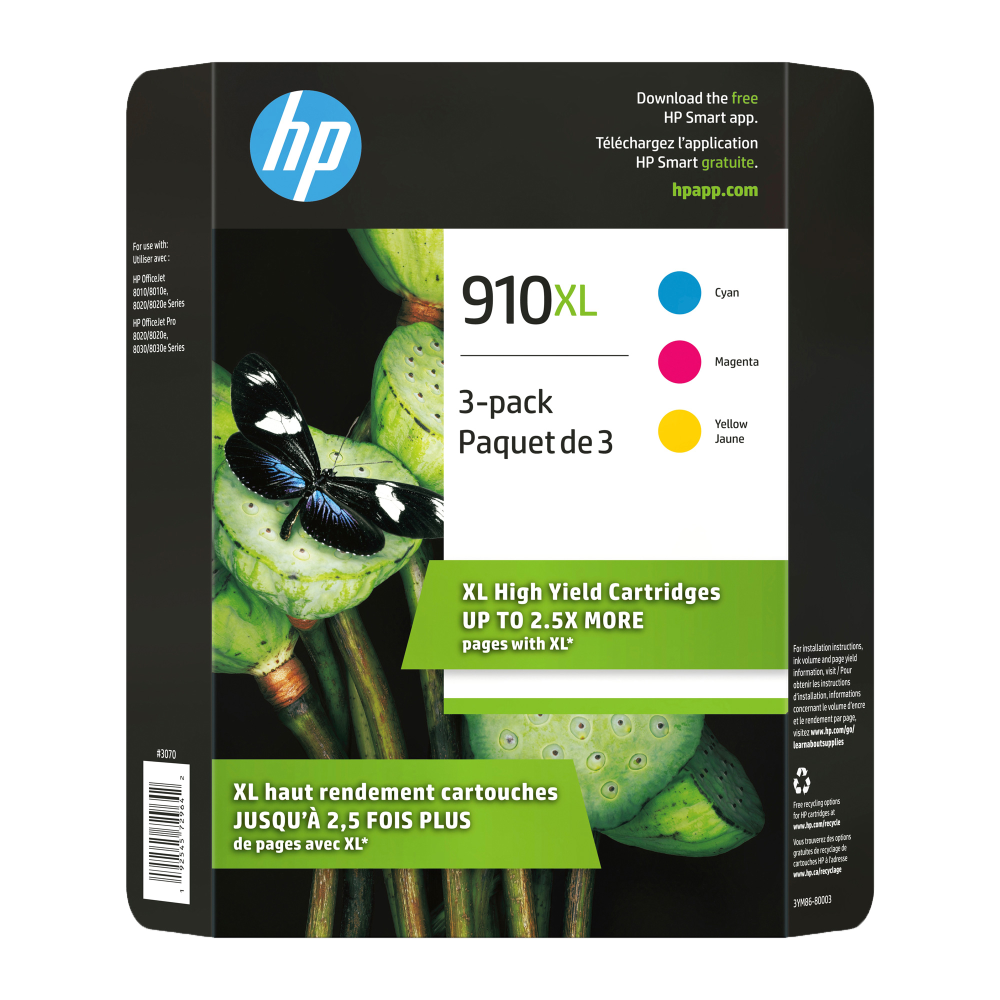 HP 910XL Cyan, Magenta and Yellow High Yield Original Ink Cartridges (3YM86BN) Combo-pack