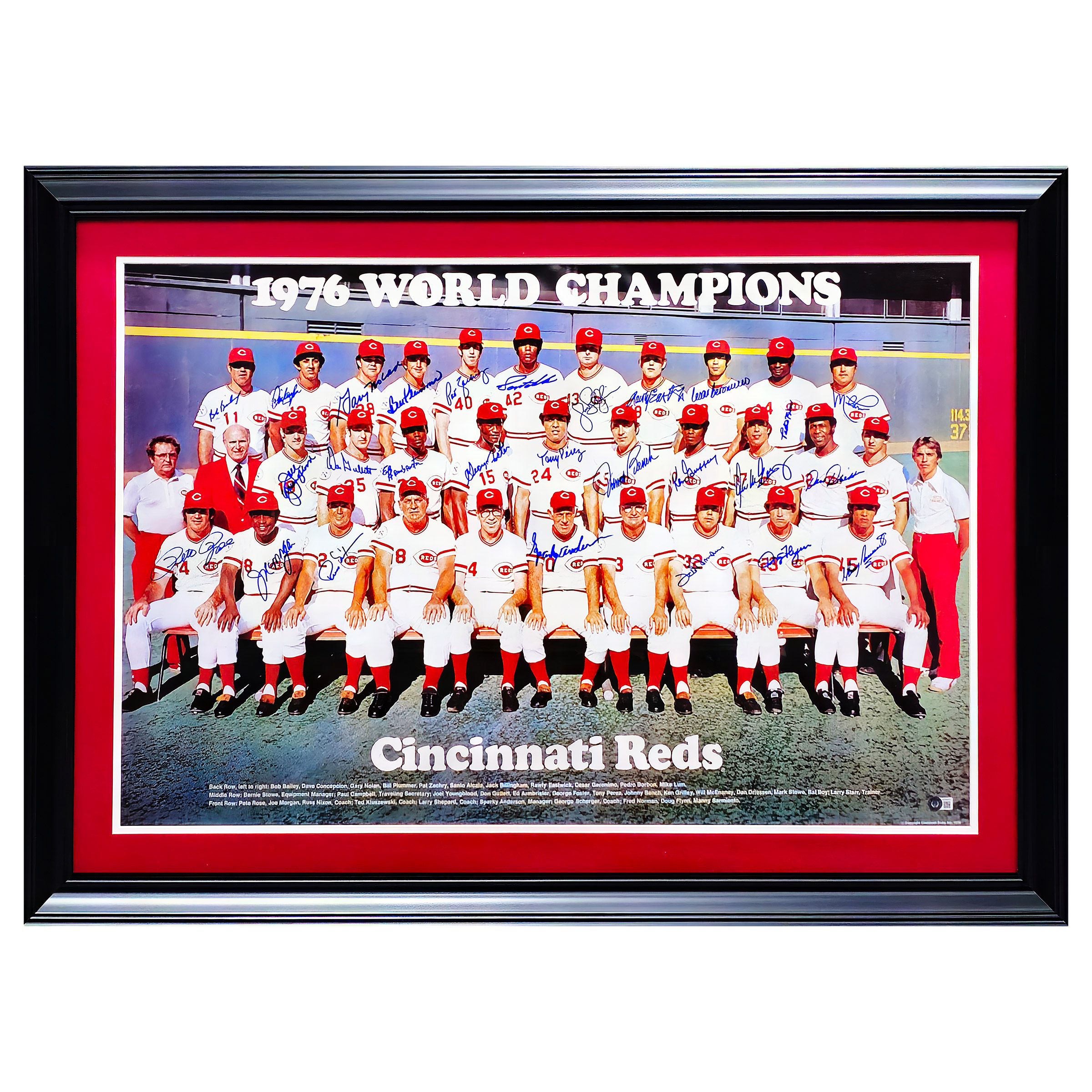 1976 Cincinnati Reds 'Big Red Machine' Team Autographed Framed 24” x 36” Poster with 27 Signatures Including Pete Rose -