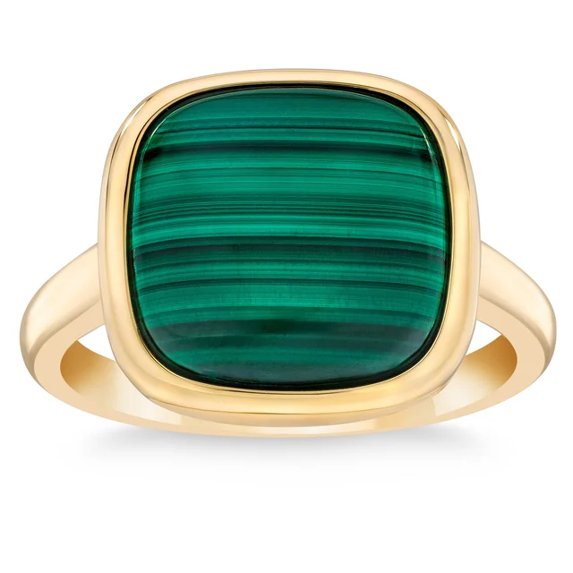 Gemstone Cushion Cut 14kt Yellow Gold Bezel Ring, Malachite