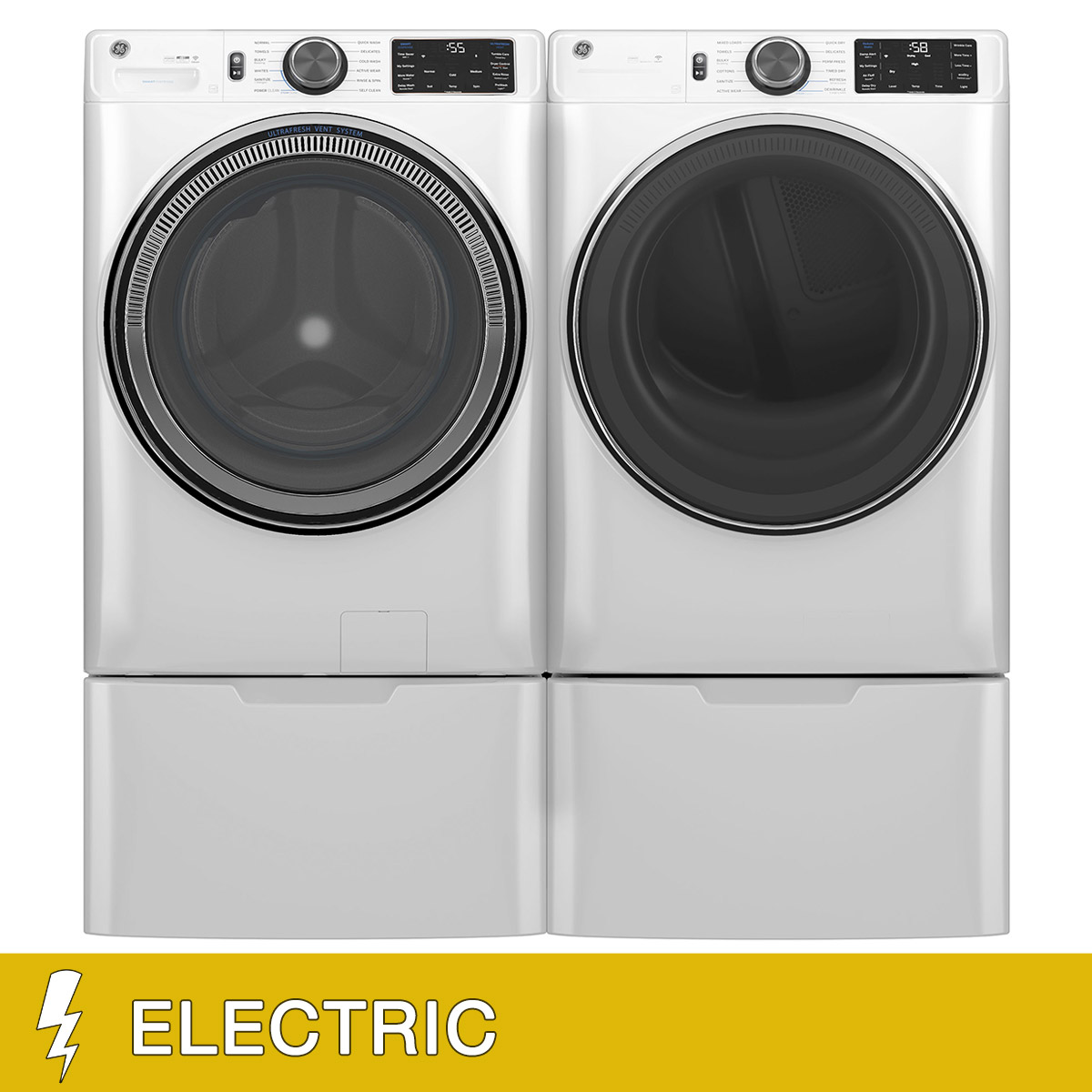 GE 5.0 cu. ft. Front Load Steam Washer with SmartDispense and 7.8 cu. ft. ELECTRIC Dryer with Steam and Sanitize Cycle Laundry Package with Storage Pedestals
