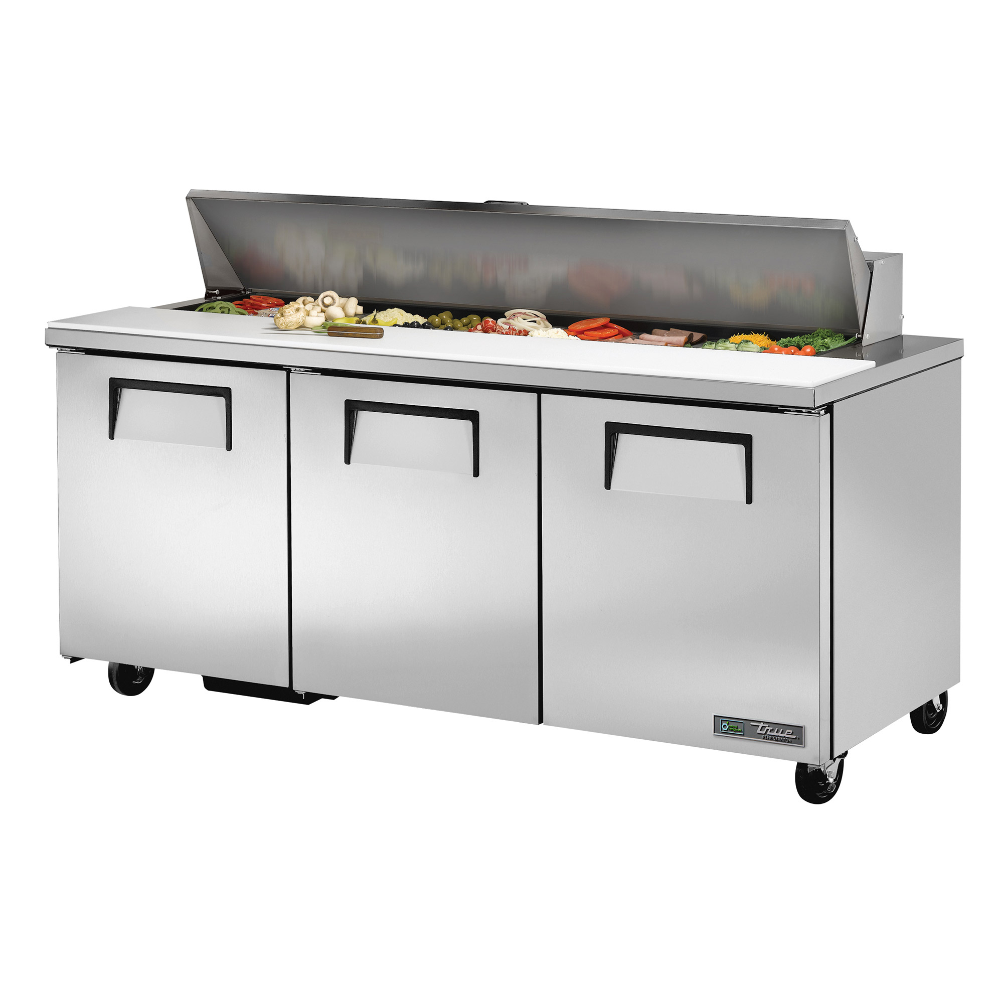 True 72 in. Commercial Stainless Steel 30 Pan Mega Top Solid Door Sandwich/Salad Prep Table