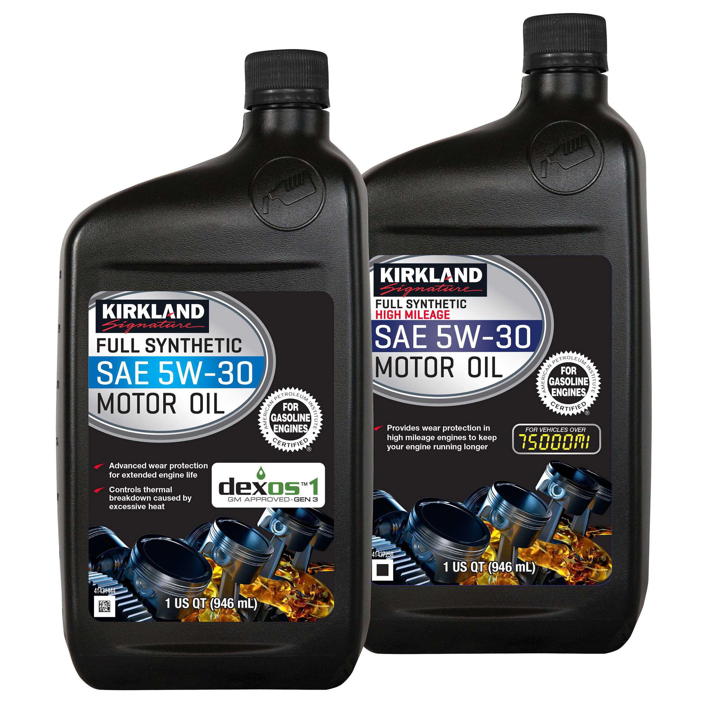 Kirkland Signature 5W-30 Full Synthetic and 5W-30 High Mileage Full Synthetic Motor Oil 1-quart  12-pack