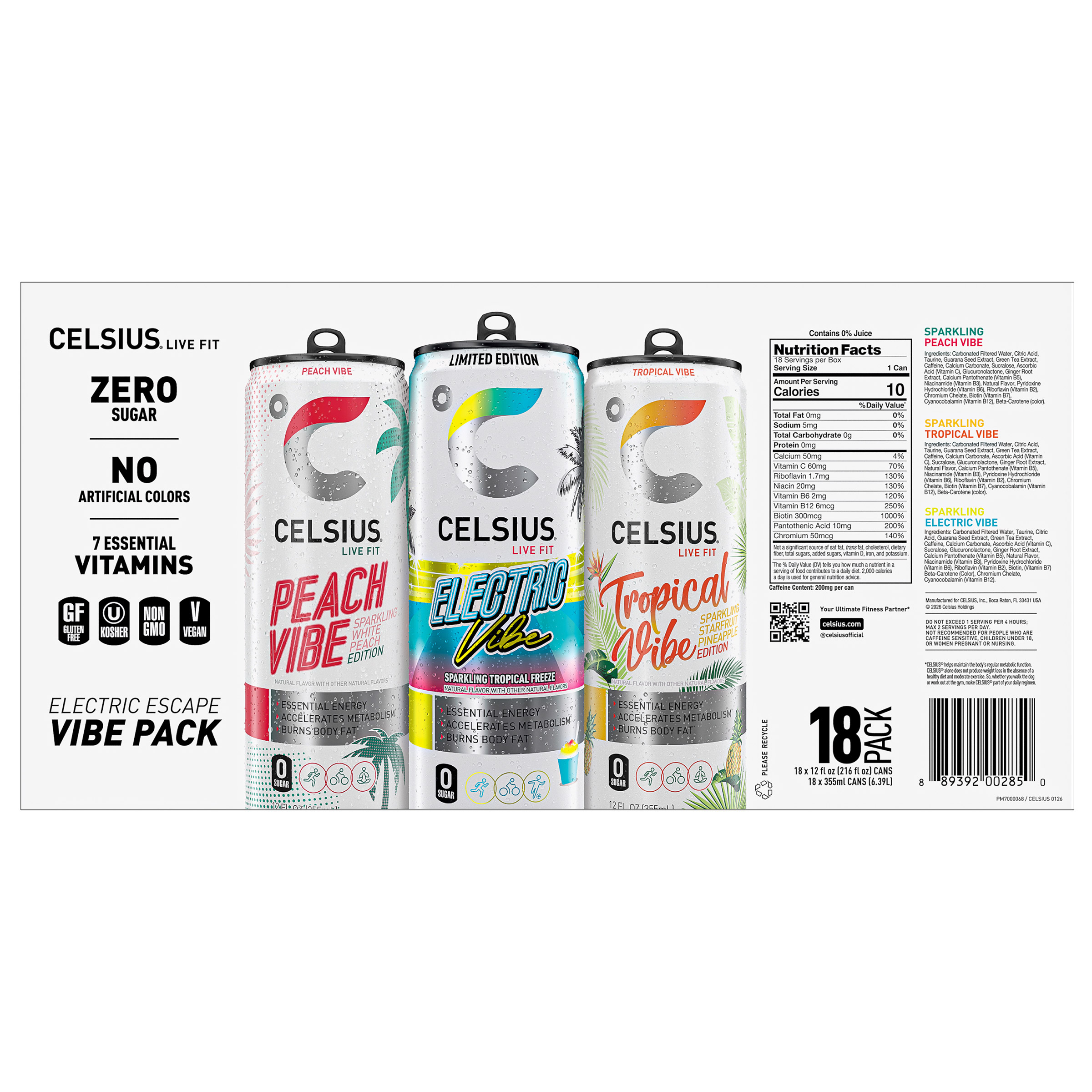 Celsius Vibe Energy Drink, Variety Pack, 12 fl oz, 18-count | Costco