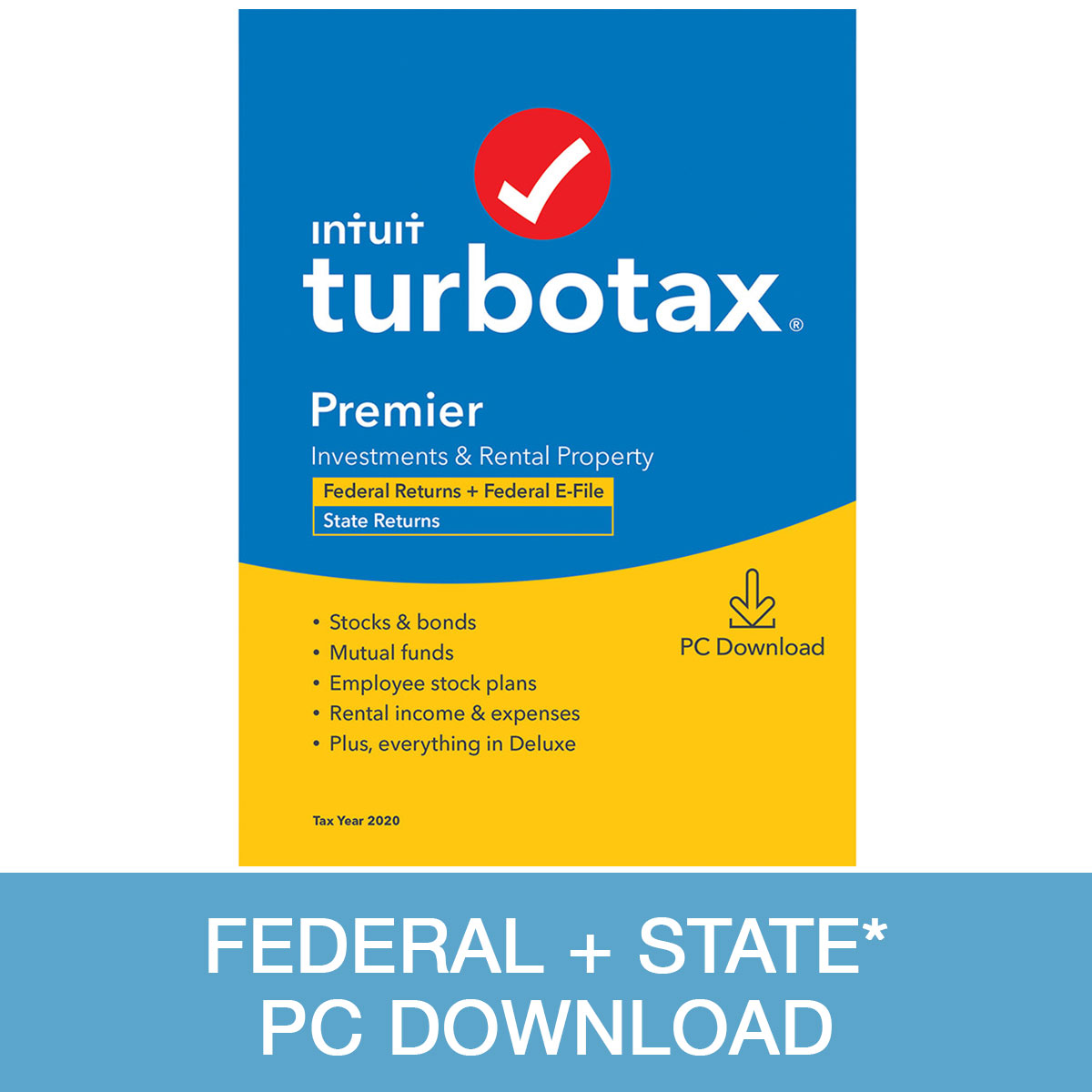 TurboTax Premier 2020, Federal and State Returns + Federal E-file (State E-file Additional Cost), PC Download (E-Delivery)