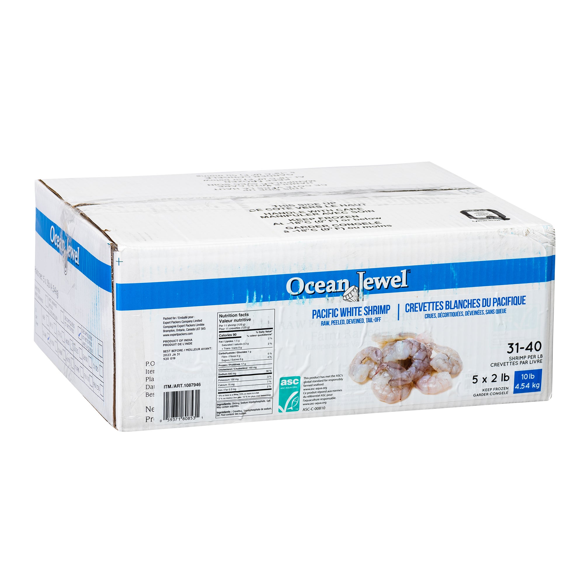 Ocean Jewel Frozen Raw Pacific White Shrimp Tail-Off 31-40, 4.54
