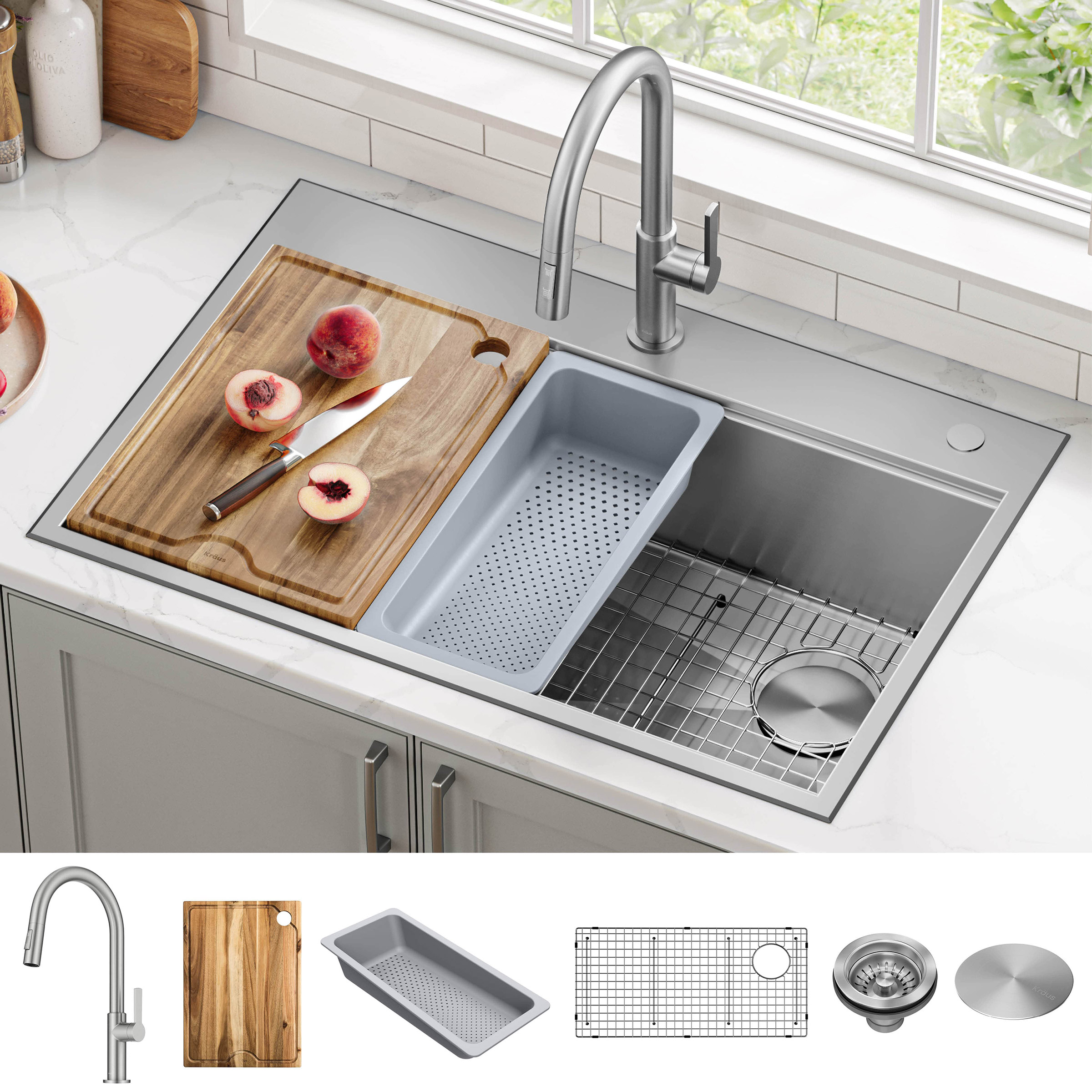 KRAUS Topmount Workstation Kitchen Sink with Modern Pull-Down Faucet