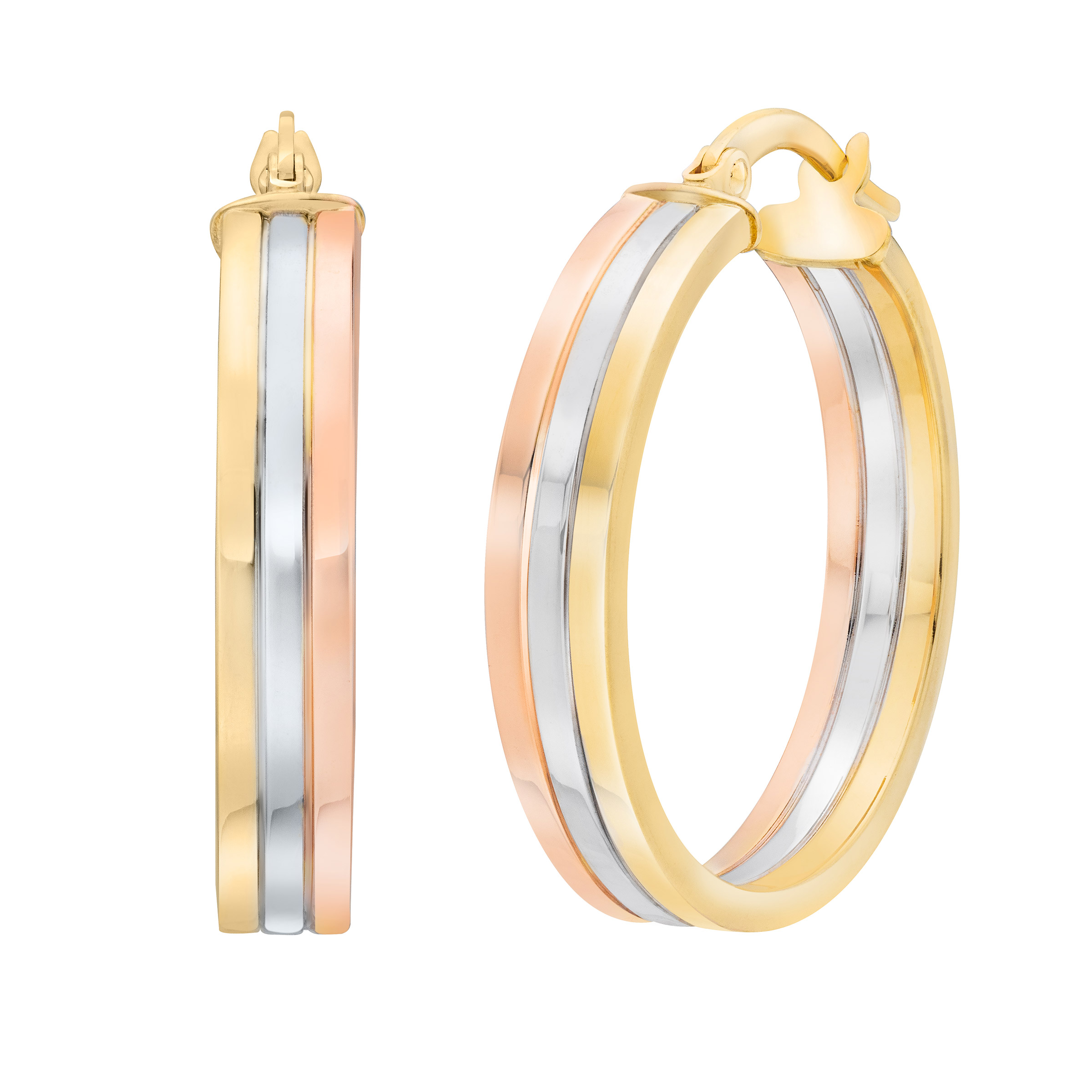 High Polish Three Row Hoop Earrings in Three-tone Gold | Costco