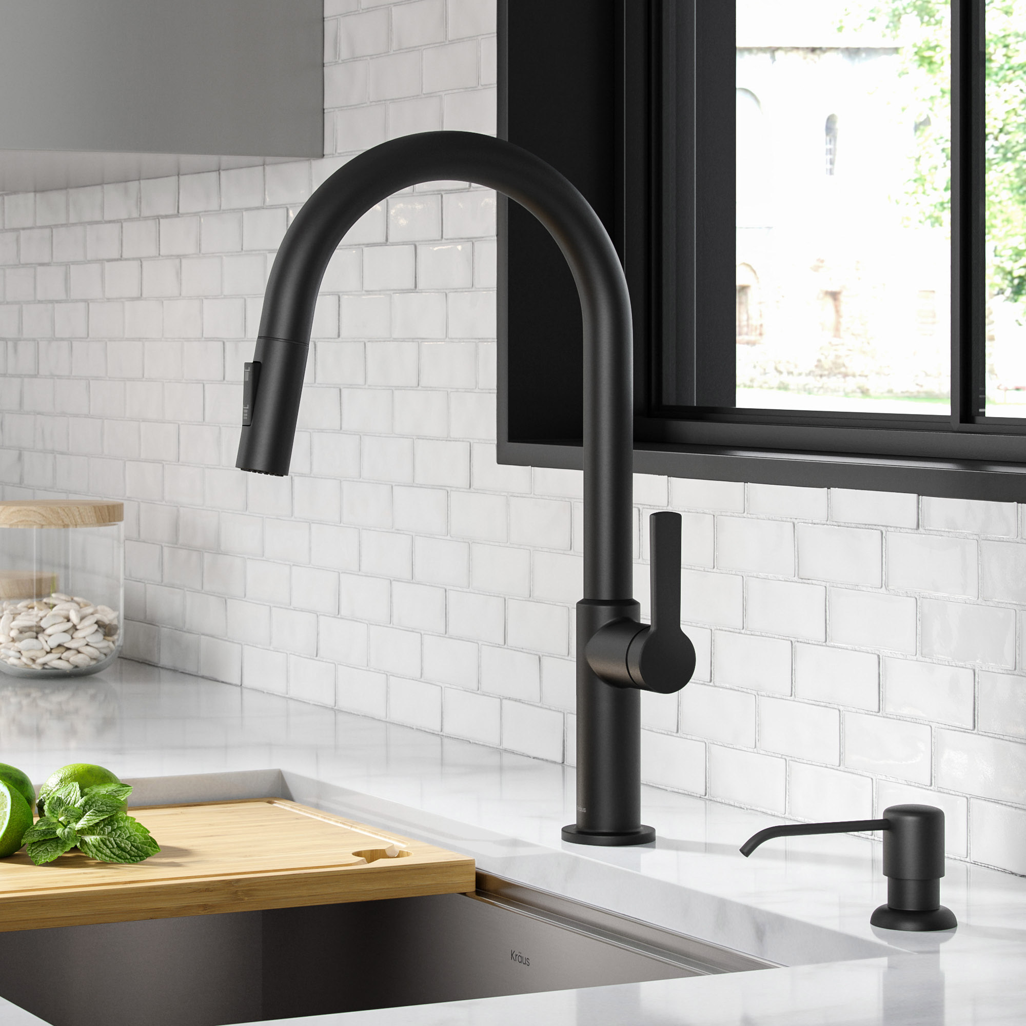 MATTE BLACK KRAUS Pull-Down Kitchen Faucet with Matching Soap Dispenser