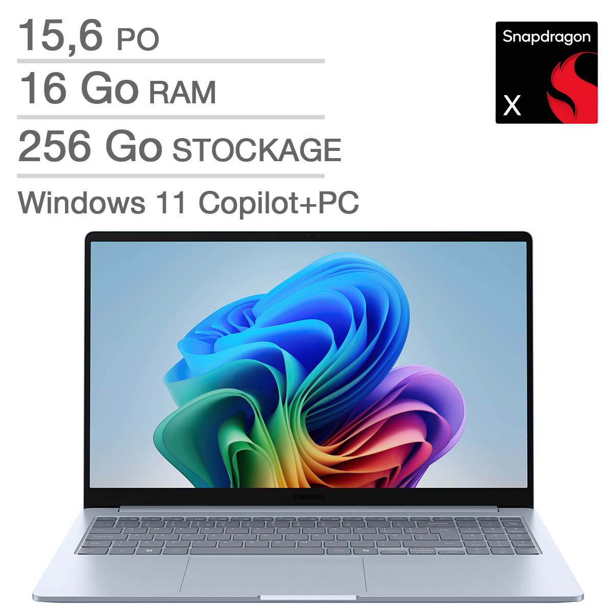 Samsung Galaxy Book4 Edge - Ordinateur portable Copilot+ PC de 15,6 po, Qualcomm Snapdragon X X1-26-100 - 16 Go RAM, 256 Go stockage, Qualcomm Adreno