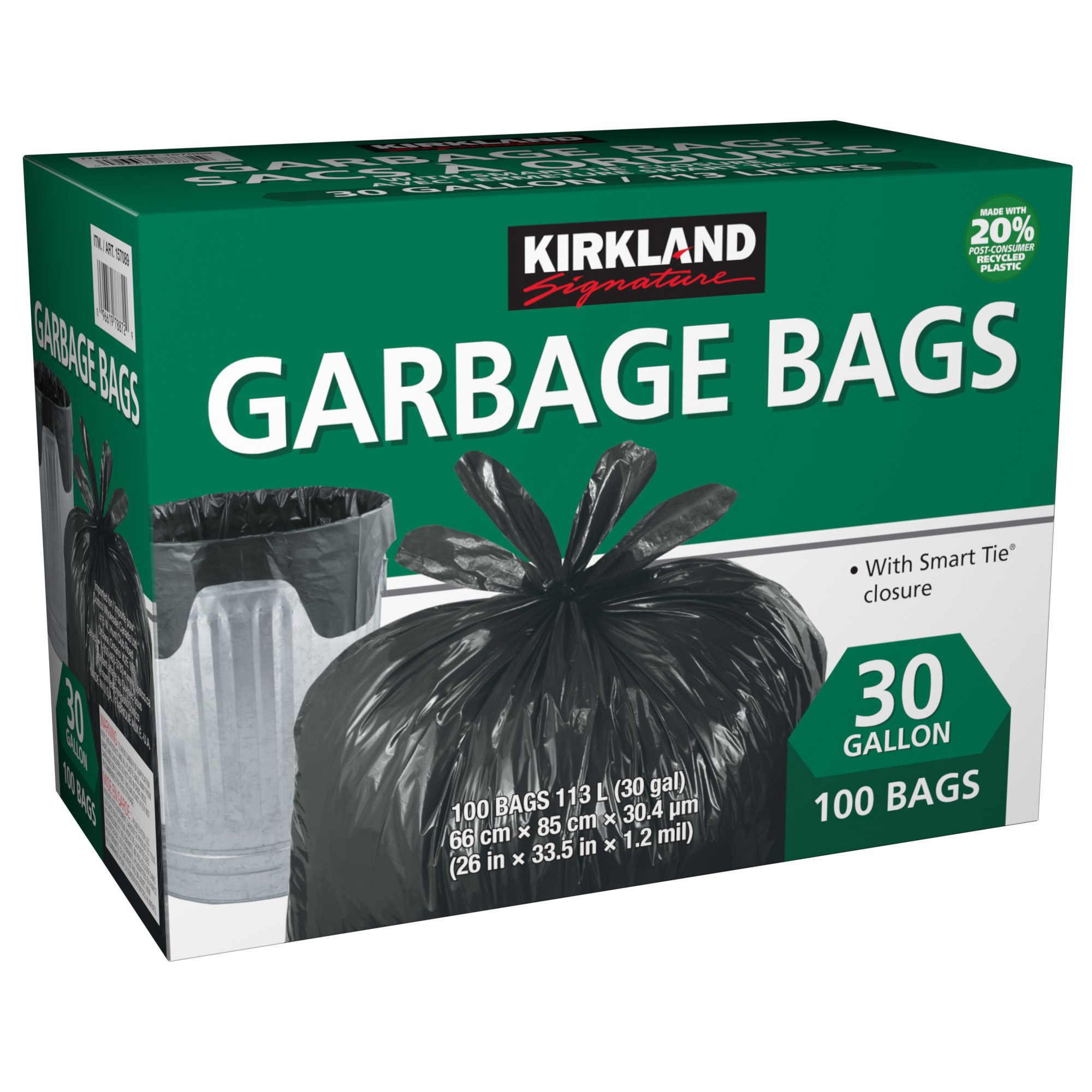 Kirkland Signature Smart Tie 30 Gallons Garbage Bags, 100-pack