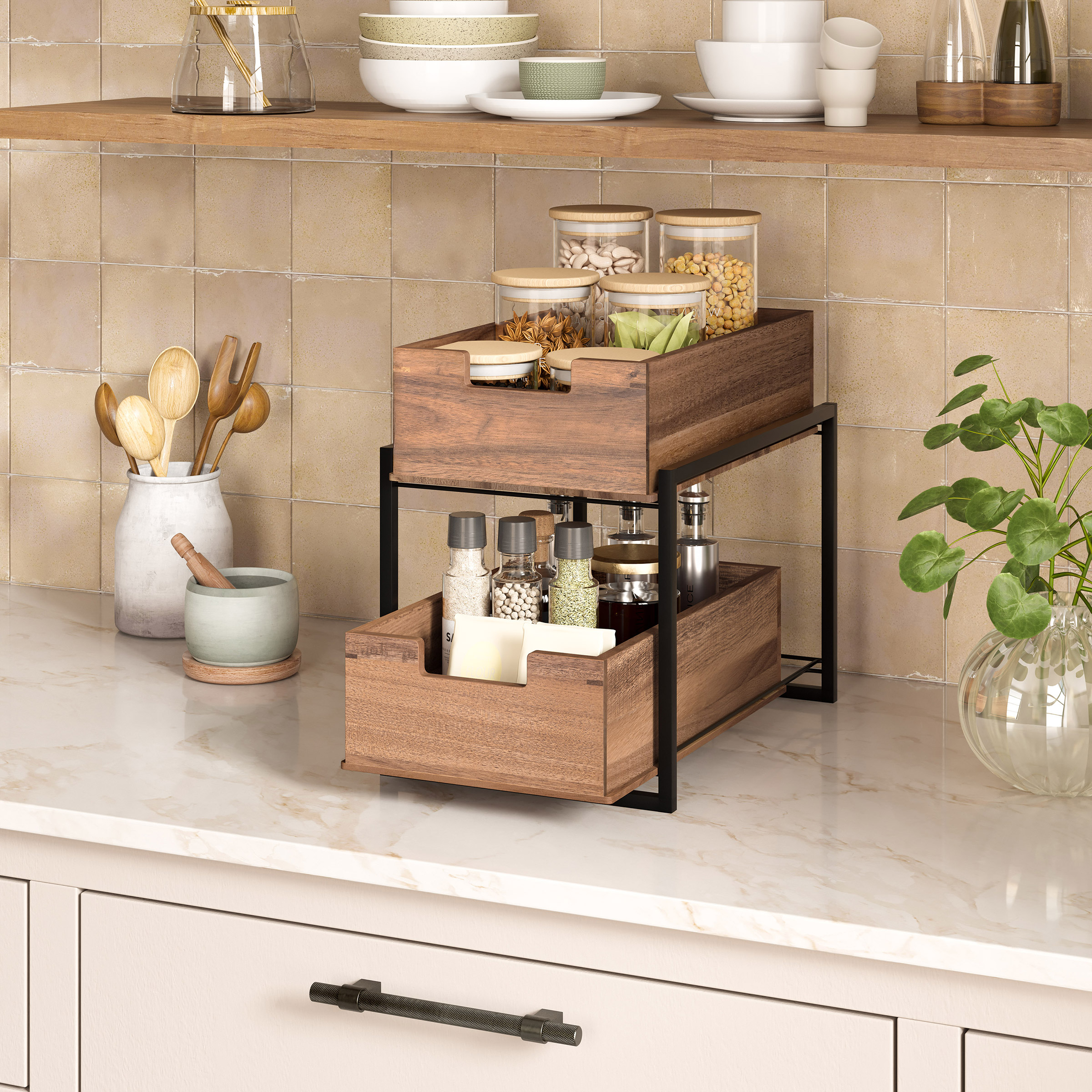 Seville Classics 2-tier Acacia Sliding Bin Organizer | Costco