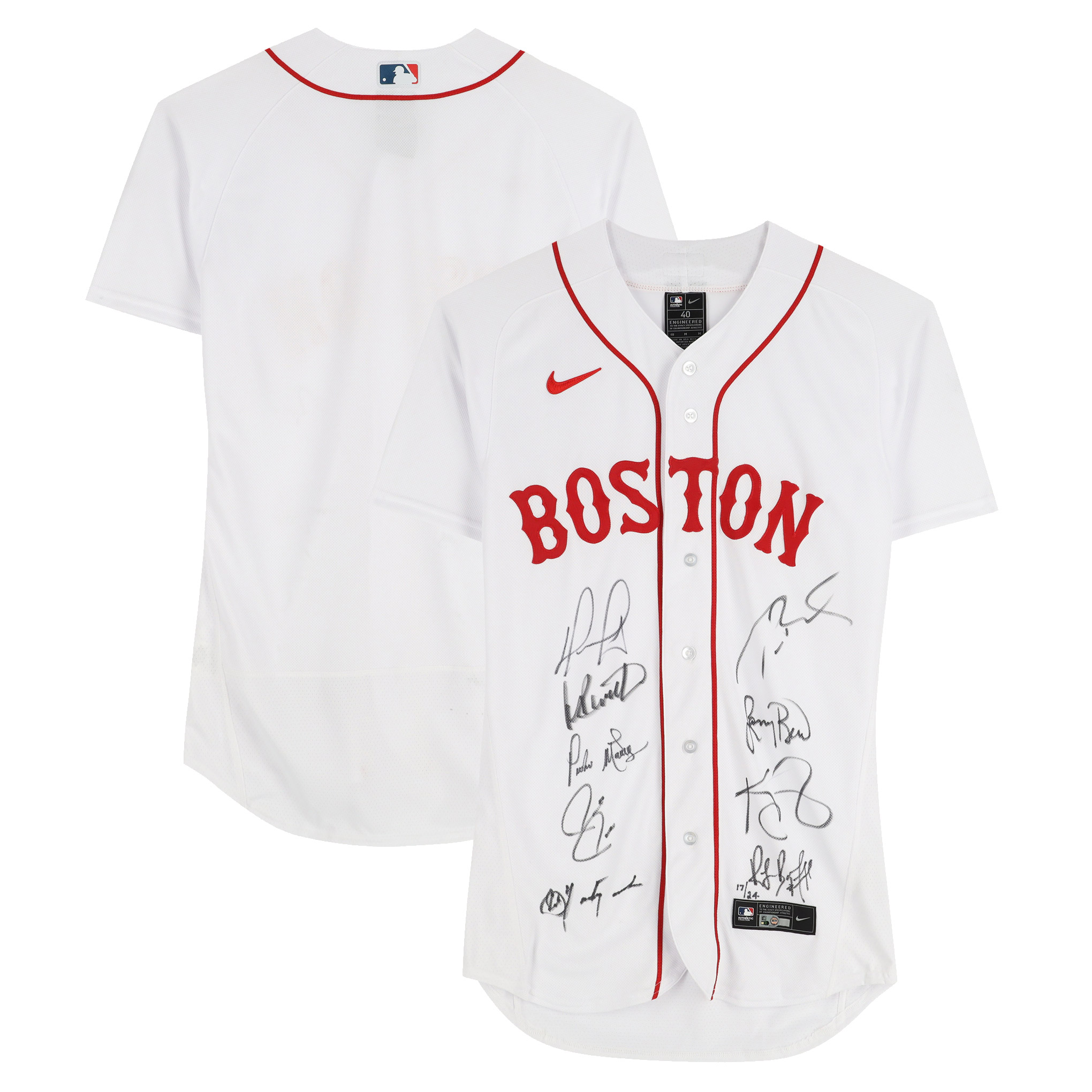 Boston Legends Autographed Nike White Authentic Jersey with 9 Signatures including Tom Brady  Larry Bird and David Ortiz