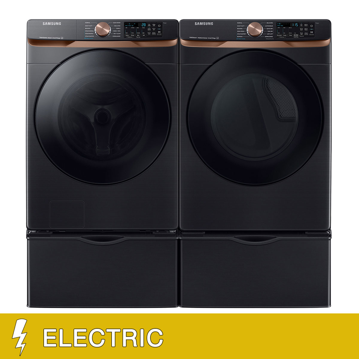 Samsung 5.0 cu. ft. Extra Large Capacity Smart Front Load Washer with Super Speed Wash and 7.5 cu. ft. Smart ELECTRIC Dryer with Storage Pedestals