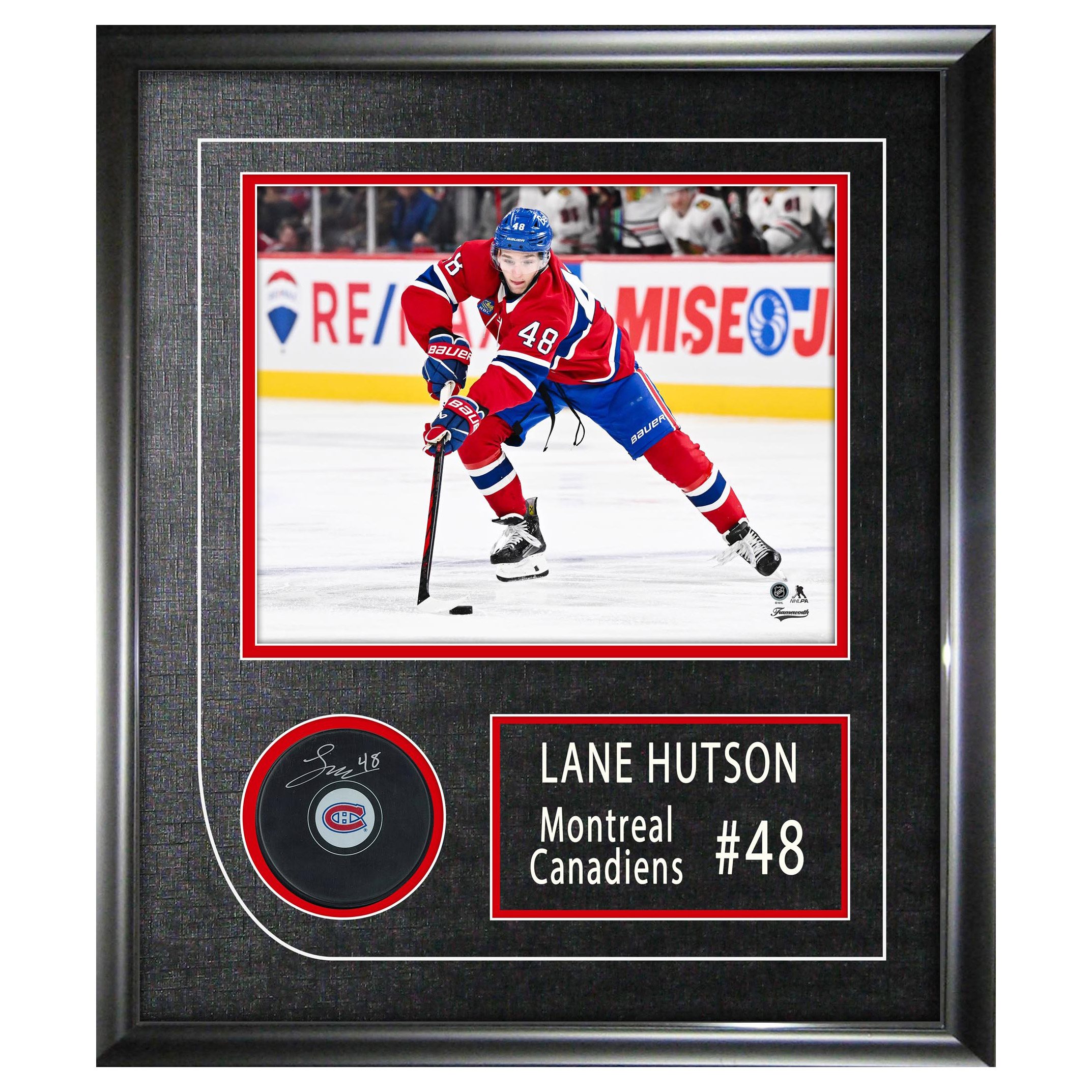 Frameworth Lane Hutson Signed Puck Framed 17x19.5 Montreal Canadiens