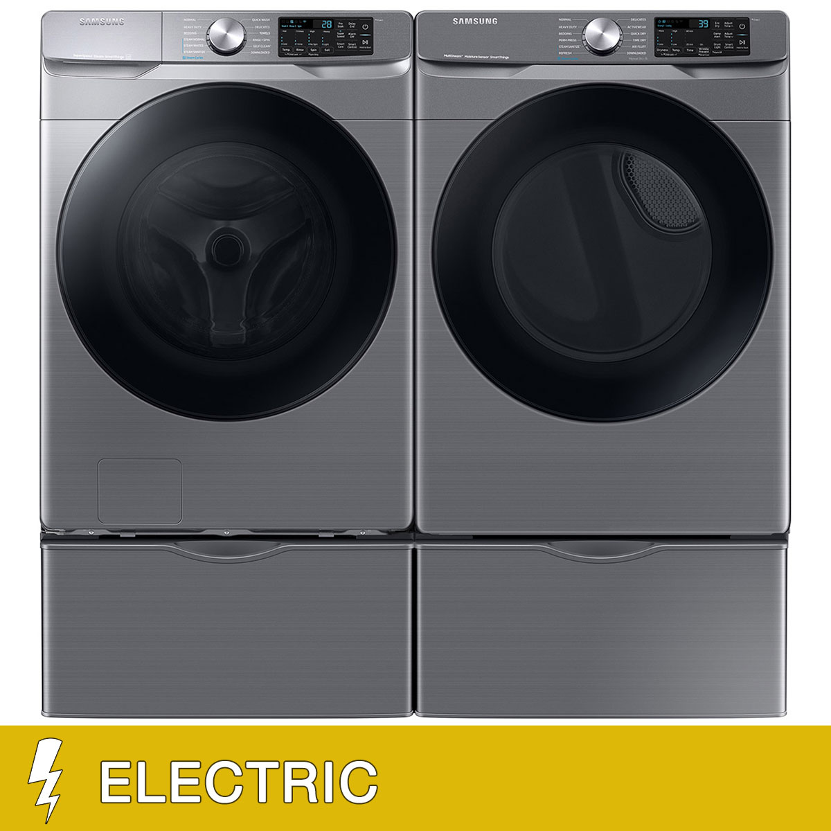 Samsung 4.5 cu. ft. Large Capacity Smart Front Load Washer with Super Speed Wash and 7.5 cu. ft. Smart ELECTRIC Dryer with Storage Pedestals