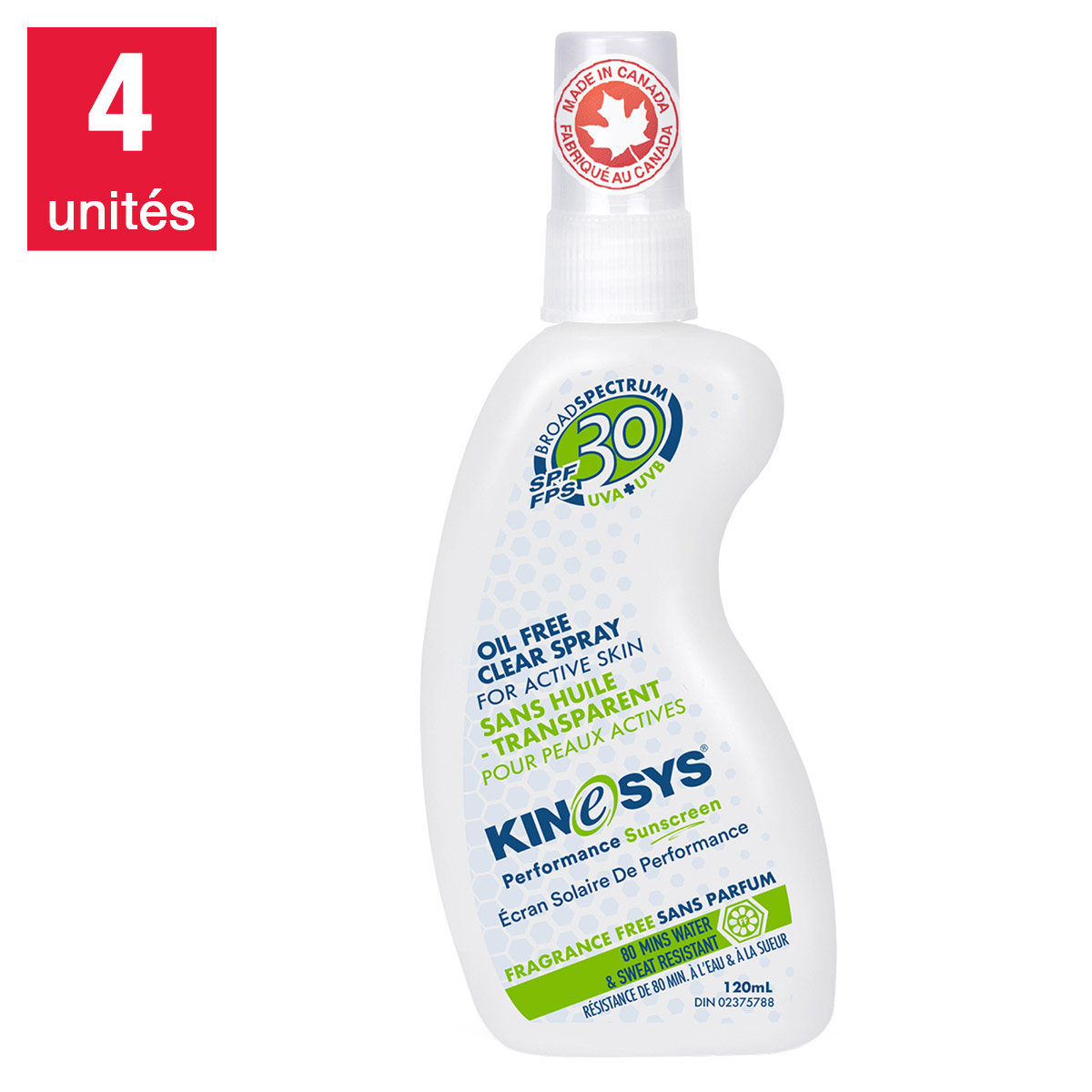 KINeSYS – Ensemble de 4 vaporisateurs d’écran solaire FPS 30 non parfumé de 120 mL