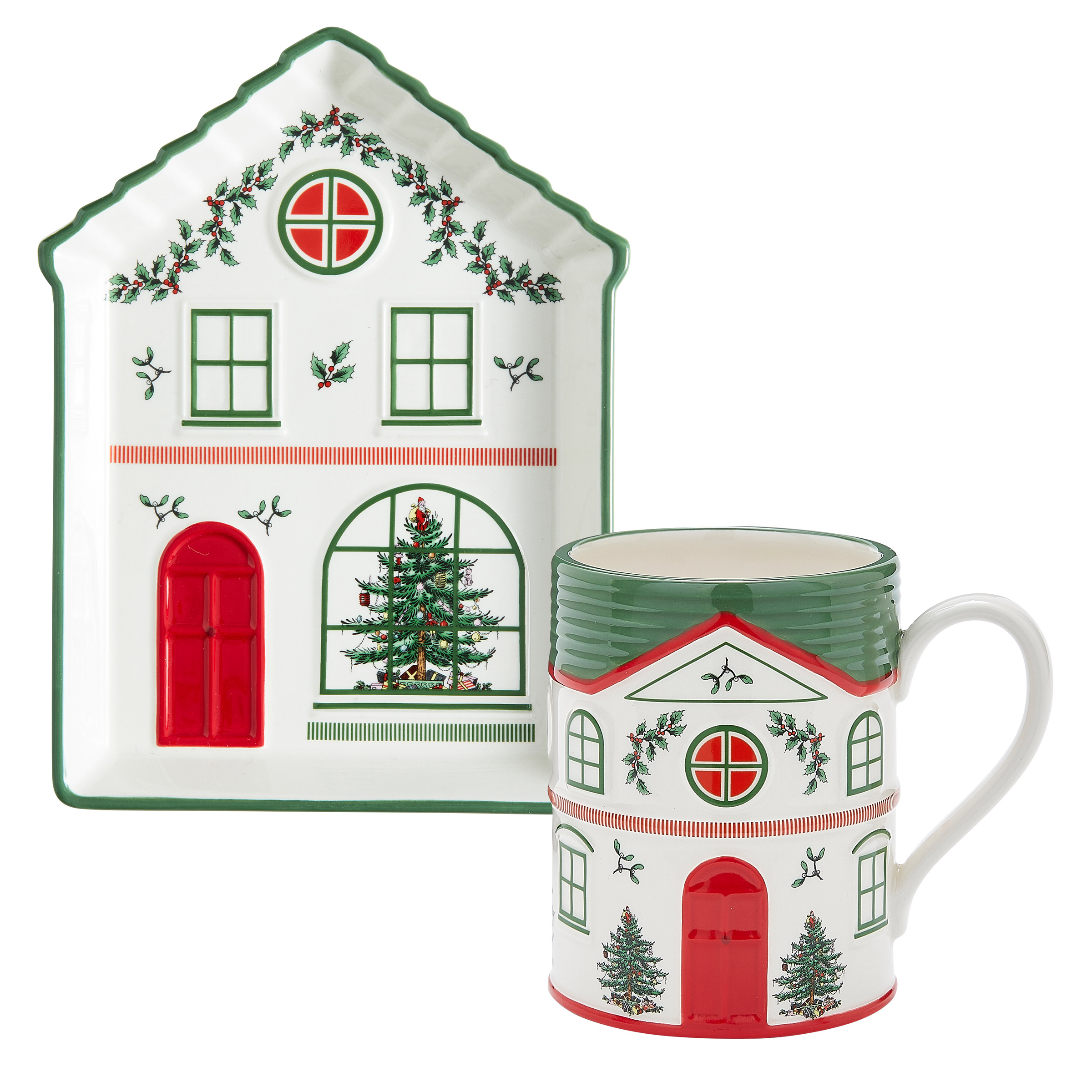 Spode Christmas Tree Collection, Christmas Village Mug & Tidbit Tray Set, 4-piece
