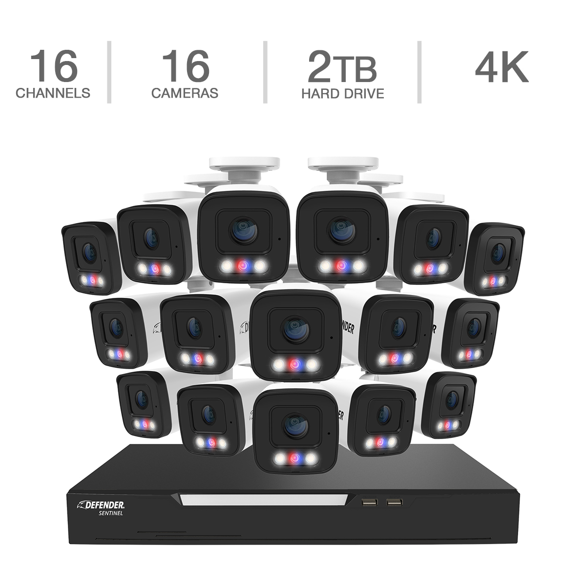Defender AI POWERED Sentinel 4K Ultra HD Wired 16 Channel PoE NVR Security System with 16 Metal Cameras with 2 TB HDD