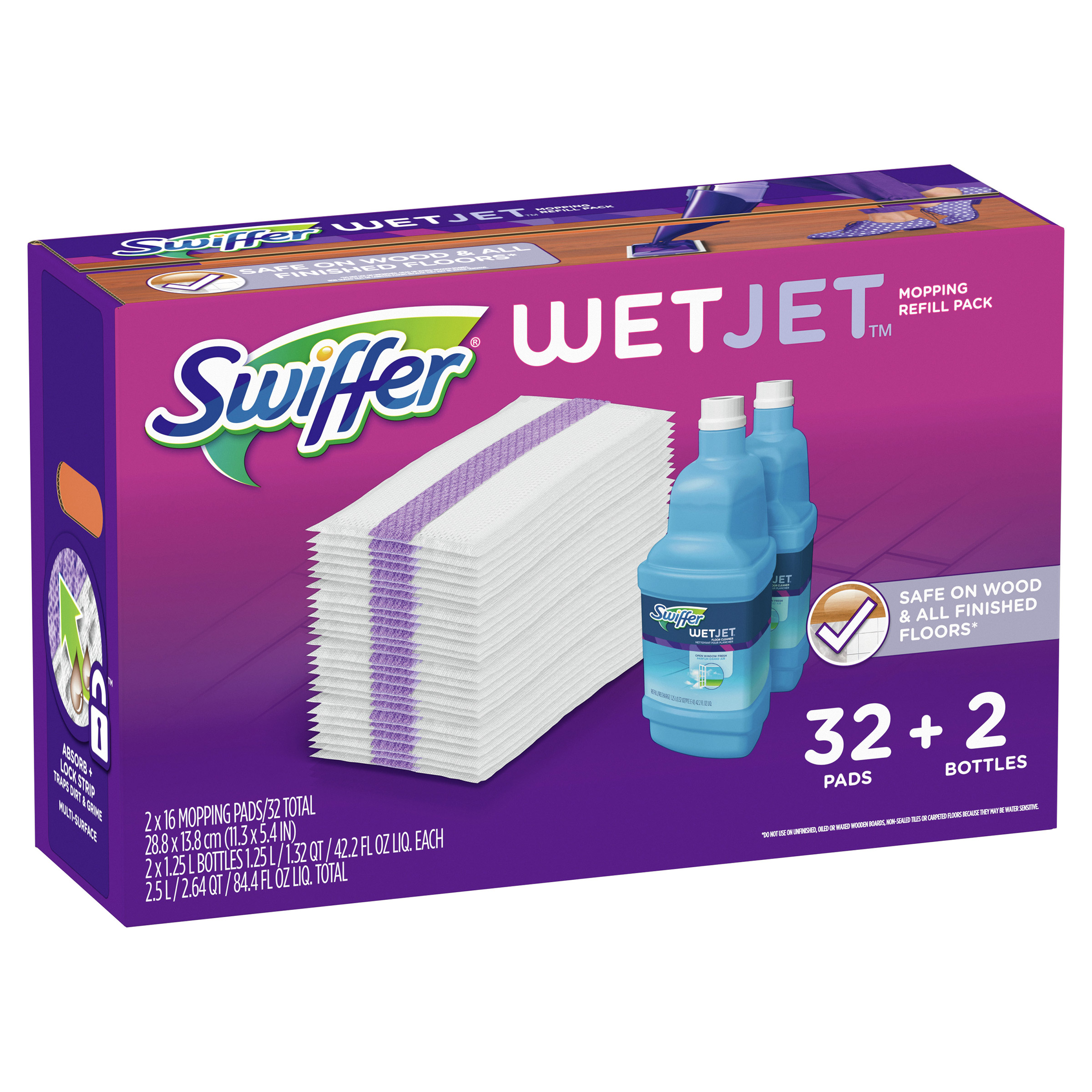 Swiffer Wet Jet Mopping Refill Kit, 32 Pads + 2 42.2 fl oz Floor Cleaner Solution Bottles