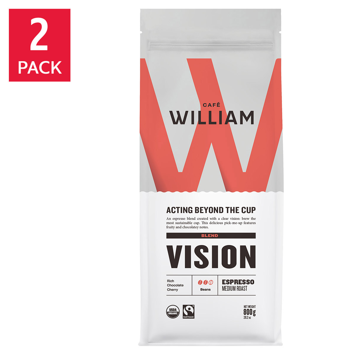 Café William Vision Espresso Medium Roast Sustainable Organic Fairtrade Whole Bean Coffee, 2 x 800 g