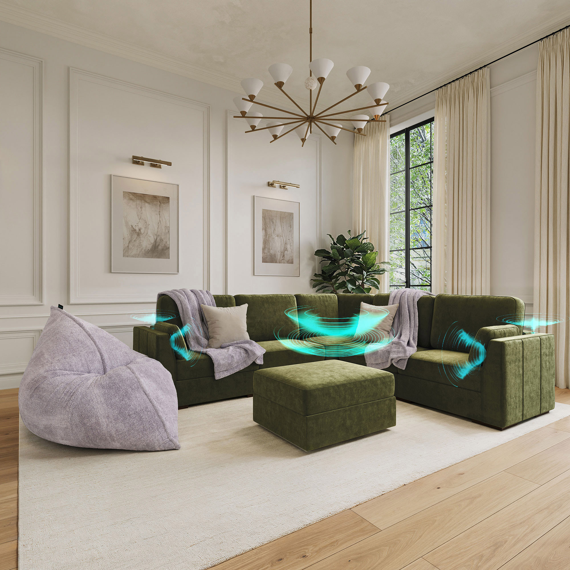 Lovesac Modular Sectional Sofa Bundle 6 Seats/8 Angled Sides with Storage and 6-Speaker Surround Sound System