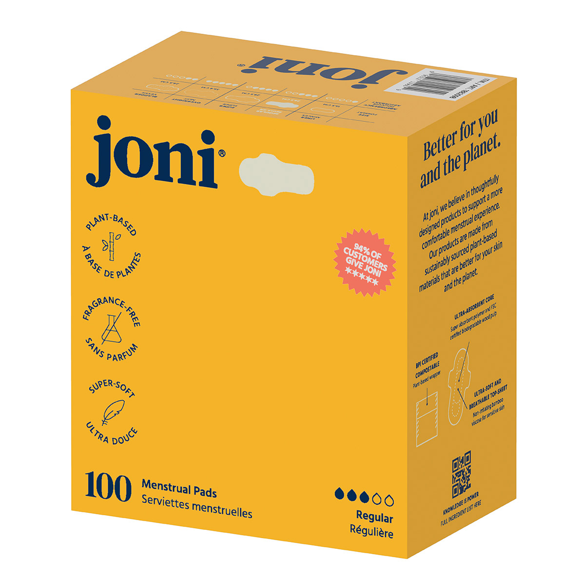 joni Bamboo Regular Pads with Wings, 100-count