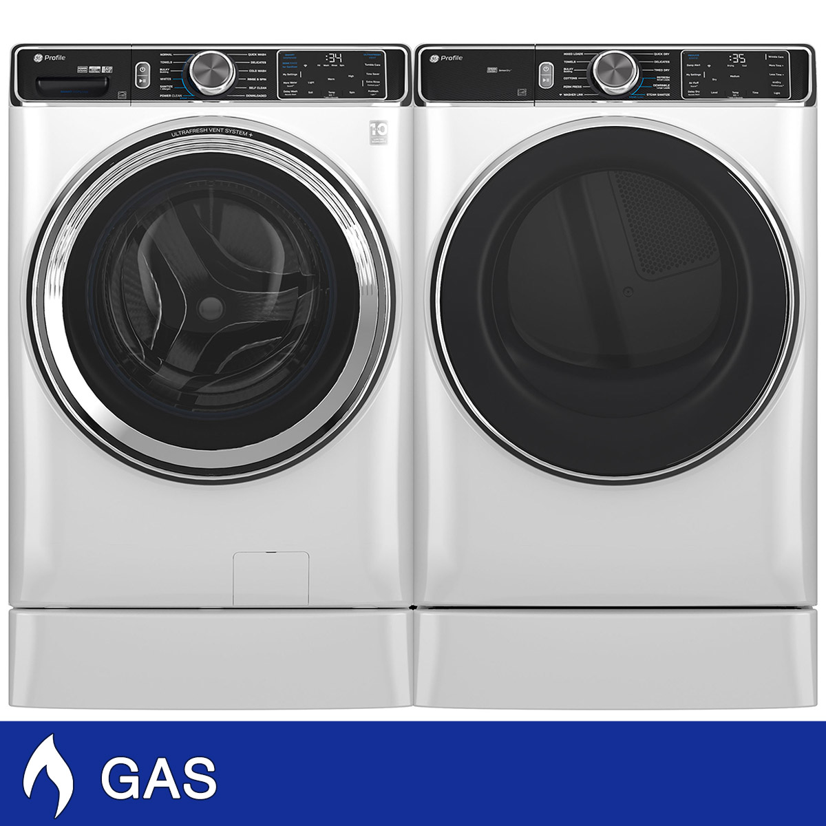GE Profile 5.3 cu. ft. Front Load Washer with UltraFresh Vent System+ and 7.8 cu. ft. Front Load GAS Dryer with Steam and Sanitize Cycle with 7 inch Risers