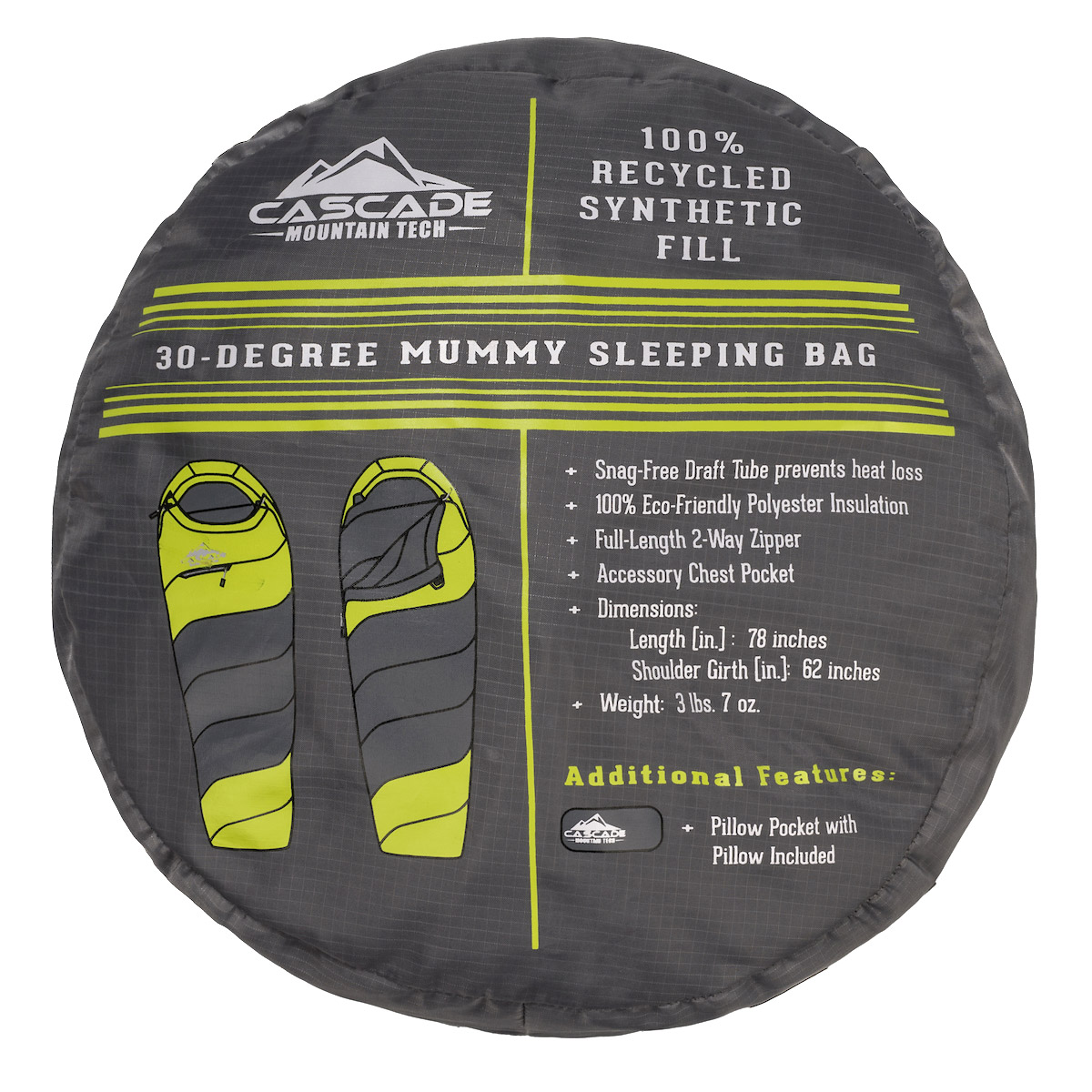 Cascade Mountain Tech 30-Degree Mummy Sleeping Bag with pillow
