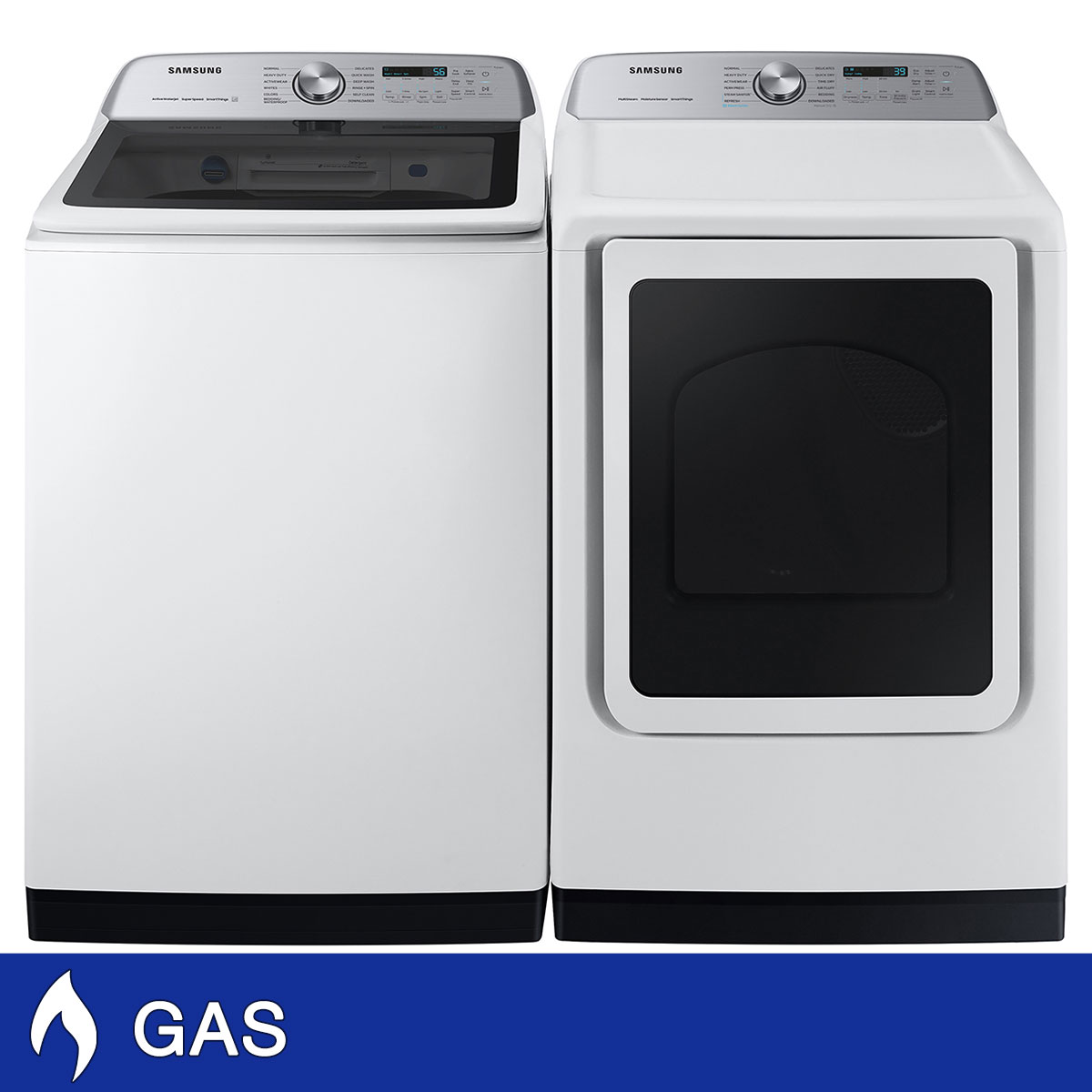 Samsung 5.5 cu. ft. Extra-Large Capacity Smart Top Load Washer with Super Speed Wash and 7.4 cu. ft. Smart GAS Dryer with Steam Sanitize+